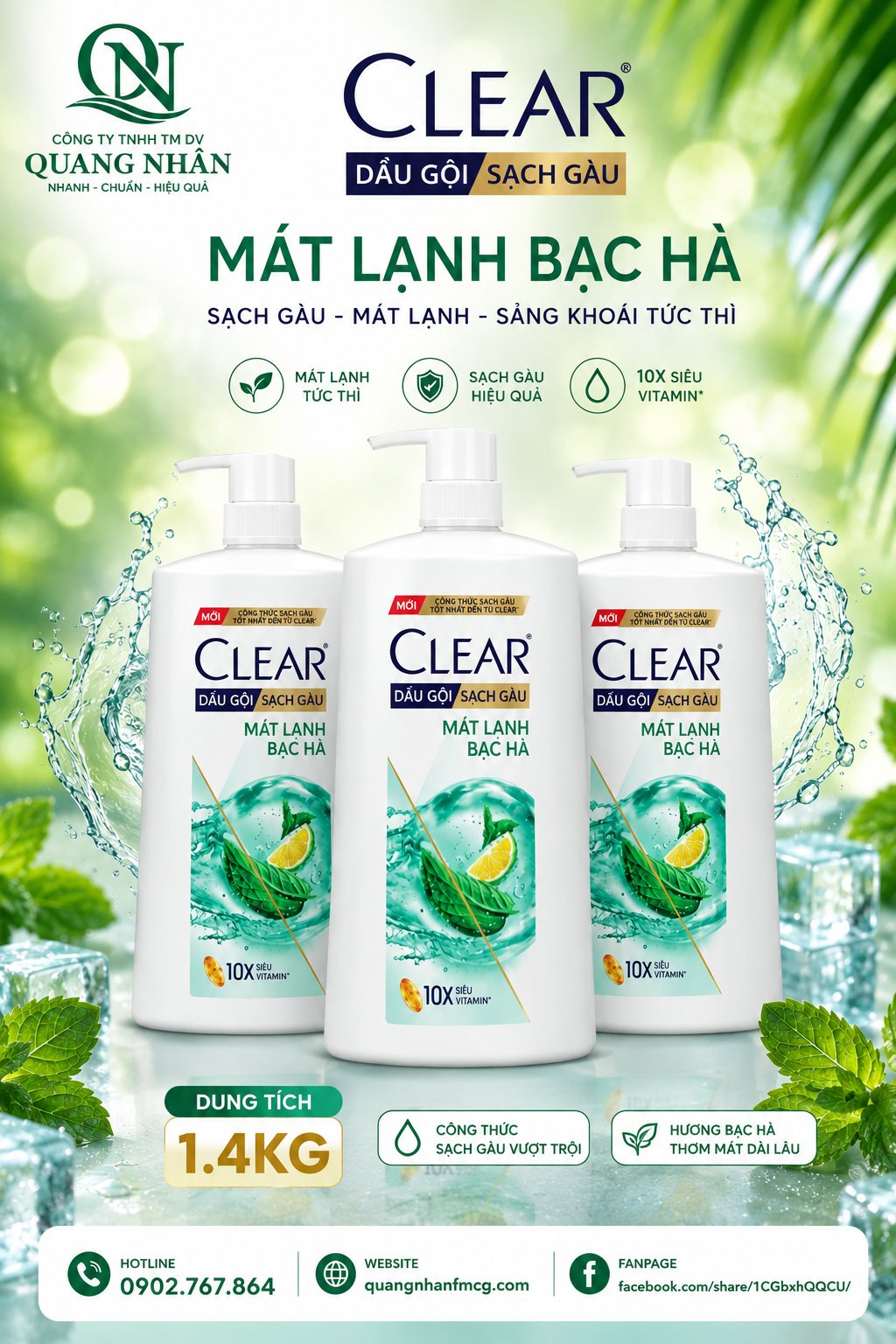 DẦU GỘI CLEAR MÁT LẠNH BẠC HÀ 1.4KG x 6 CHAI
