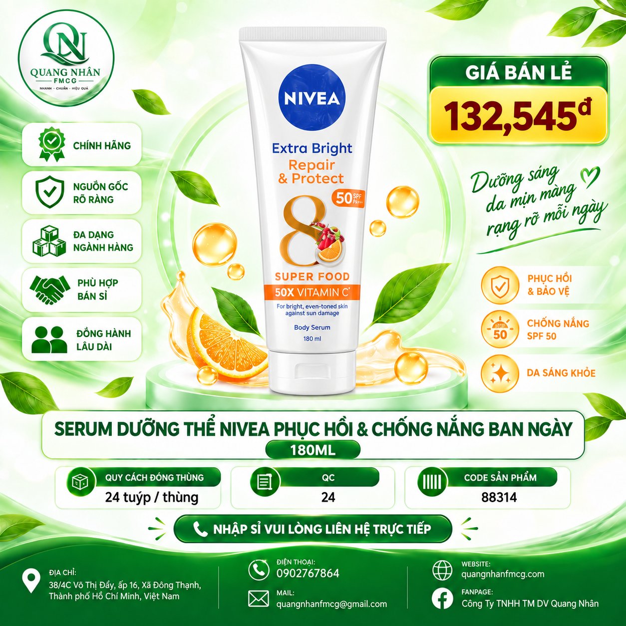 88314 - Serum Dưỡng Thể NIVEA Phục Hồi & Chống Nắng Ban Ngày 180ml x 24 chai ( CAM