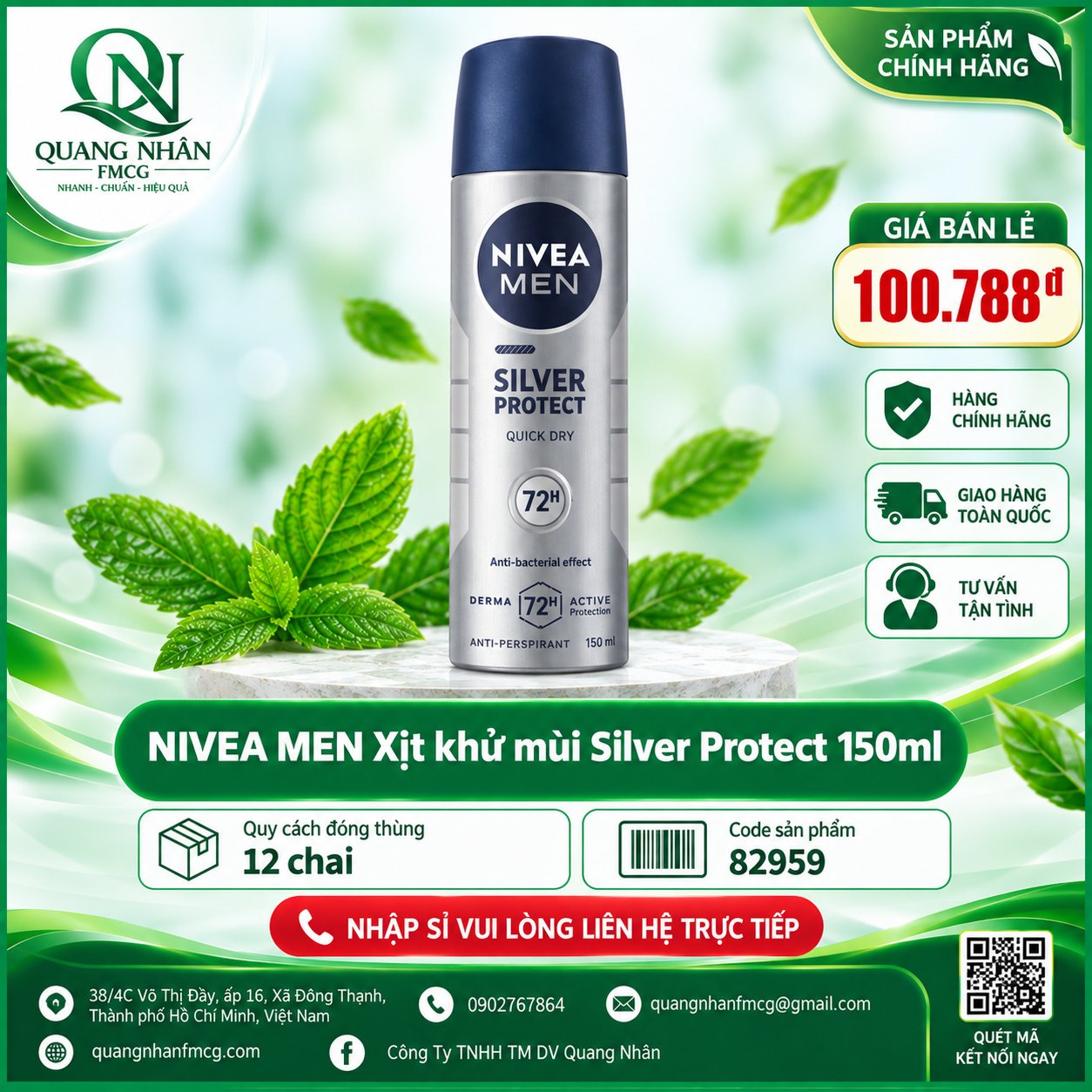 82959 XỊT NGĂN MÙI NIVEA NAM Phân tử Bạc 150ML x 12 CHAI
