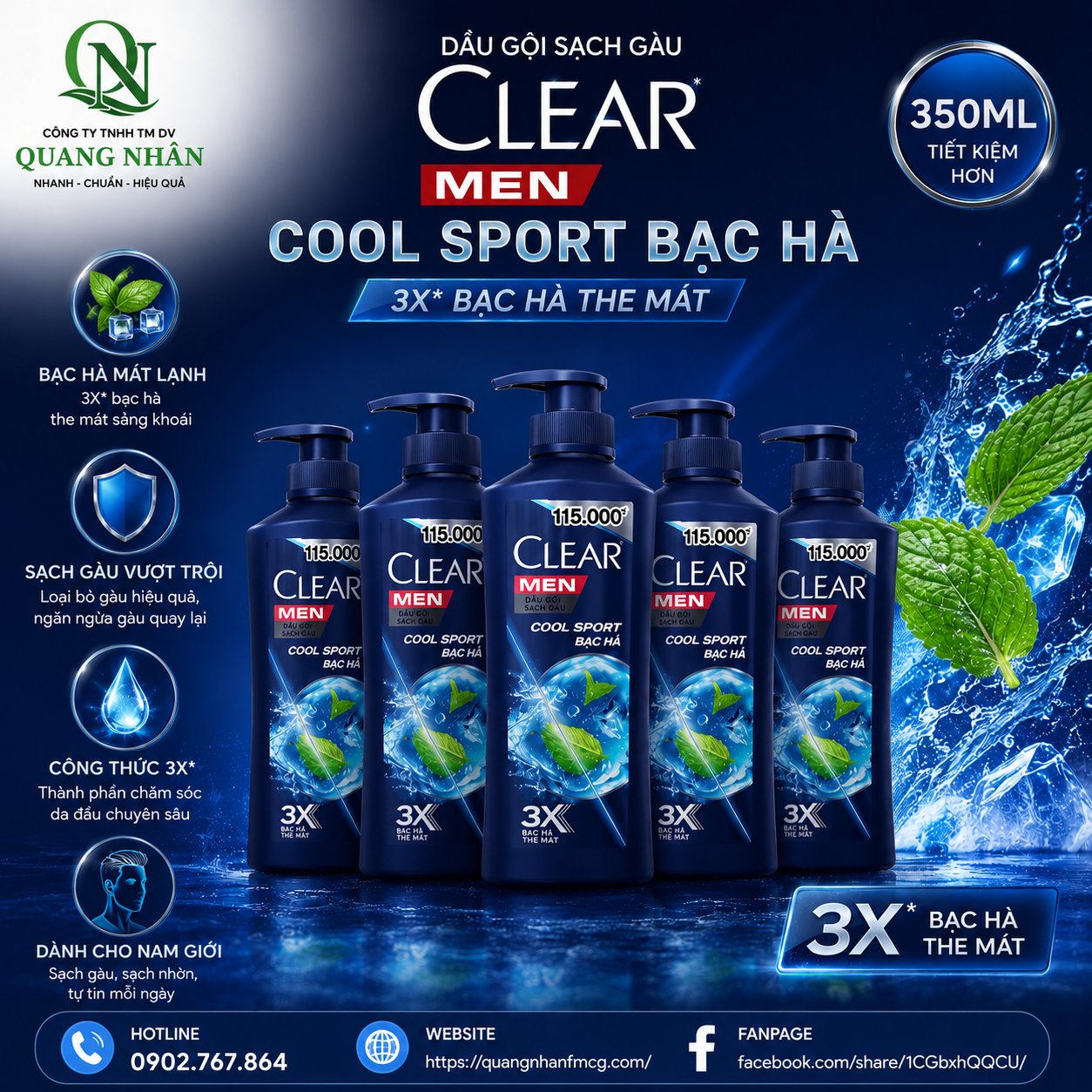DẦU GỘI CLEAR MEN COOL SPORT BẠC HÀ 170ML x 36 CHAI