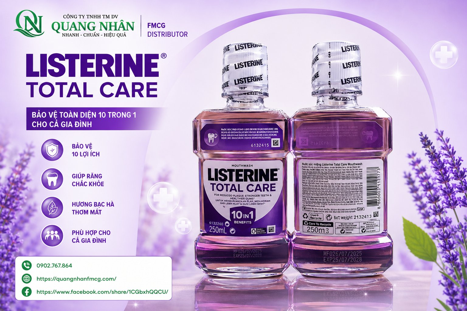 Nước súc miệng Listerine Total Care Mouthwash chăm sóc toàn diện 10in1 250ml * 8 chai / Thùng