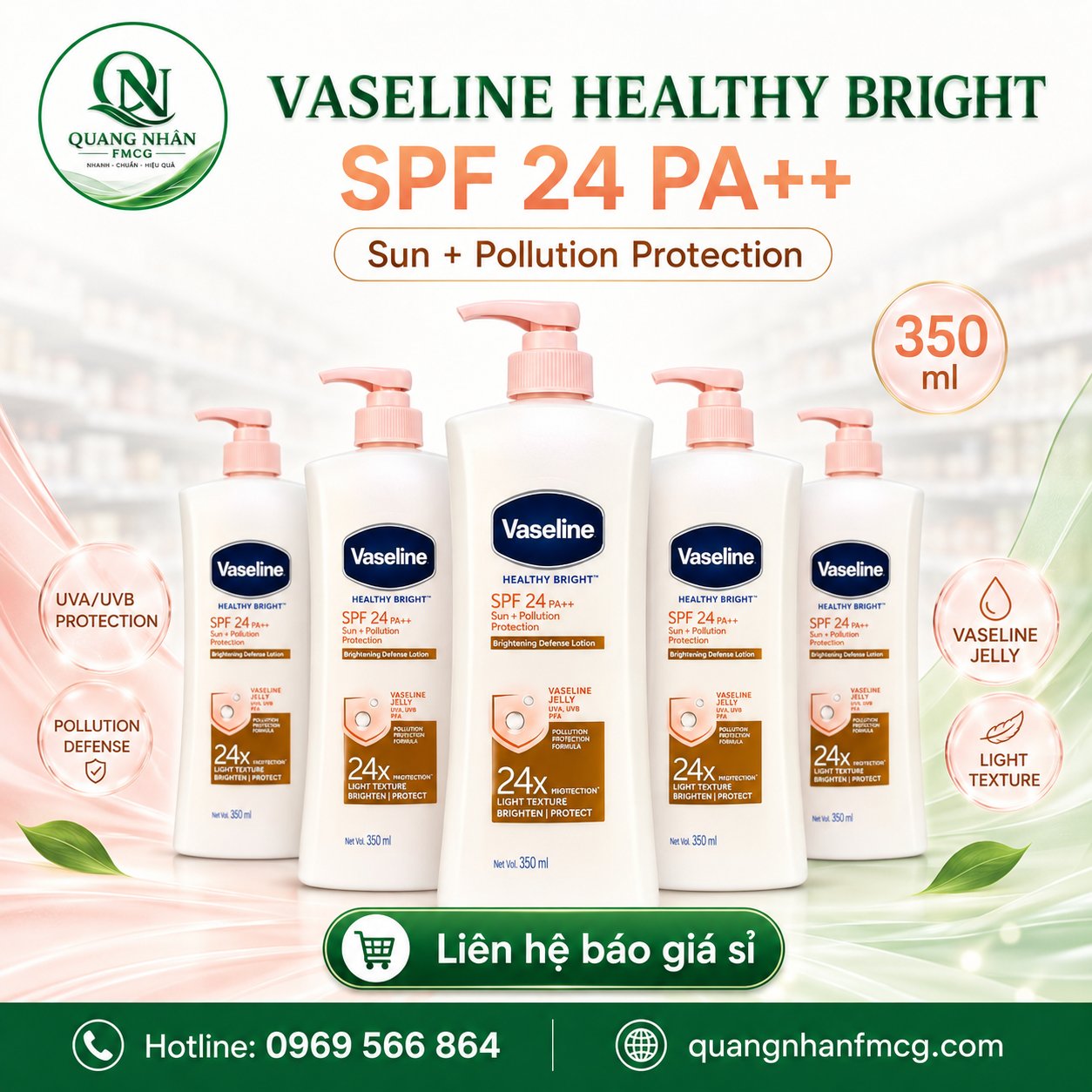 SỮA DƯỠNG THỂ VASELINE CHỐNG NẮNG VÀ SÁNG DA SPF 24+ 350ML X 12CHAI