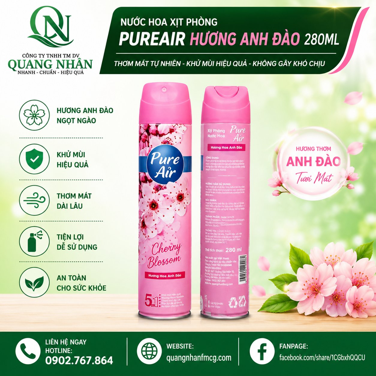 Nước hoa Xịt phòng PureAir hương Anh đào 280ml x 24 chai