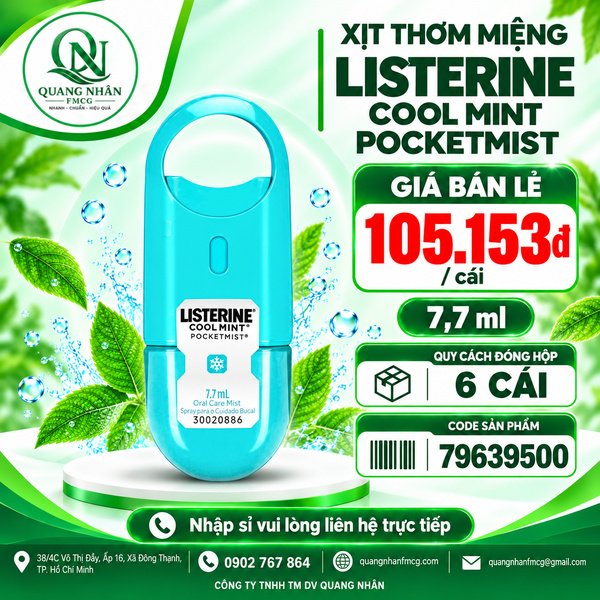 XỊT THƠM MIỆNG LISTERINE COOLMINT 7.7ML x 1thùng/6 hộp/6 cái