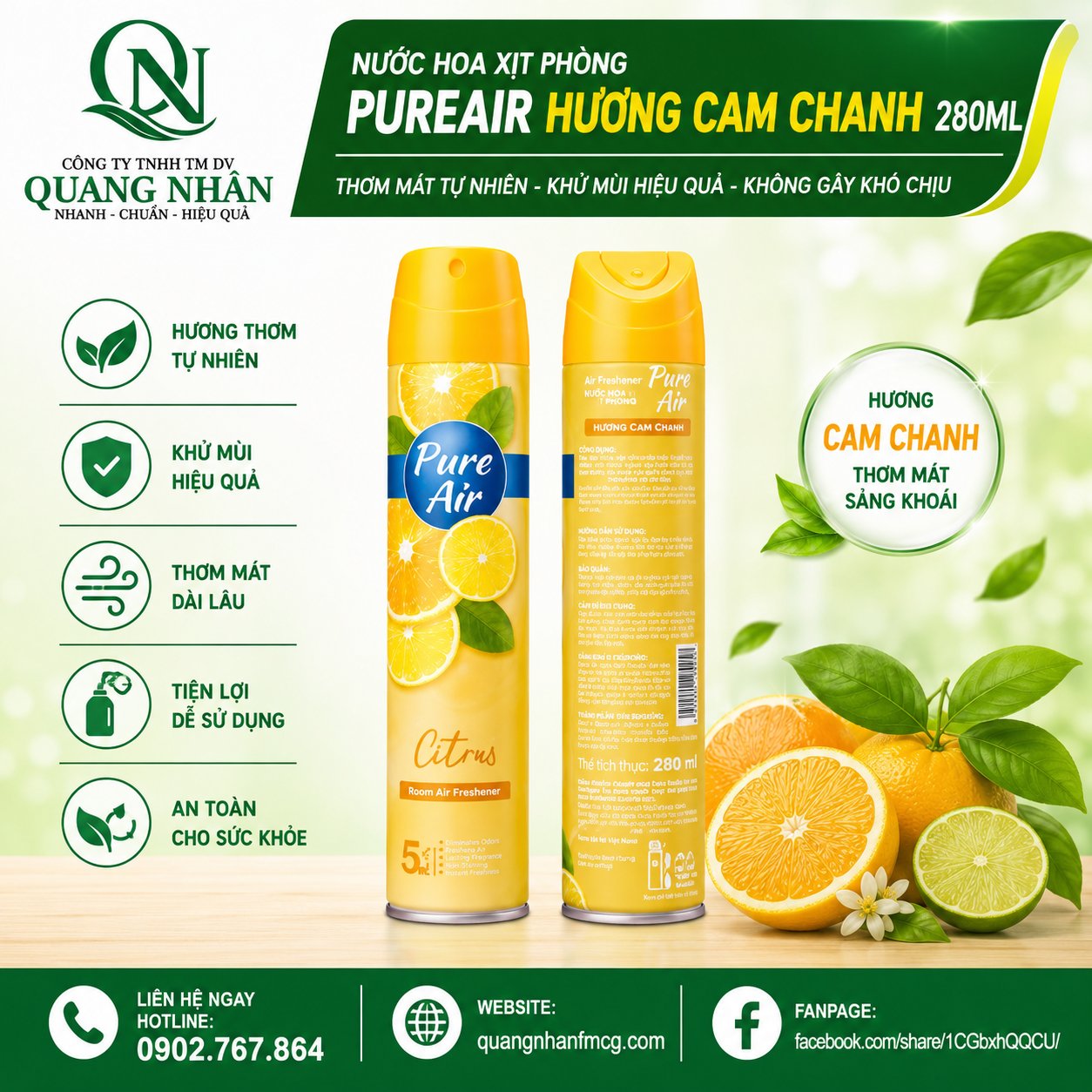Nước hoa Xịt phòng PureAir hương cam chanh 280ml x 24 chai