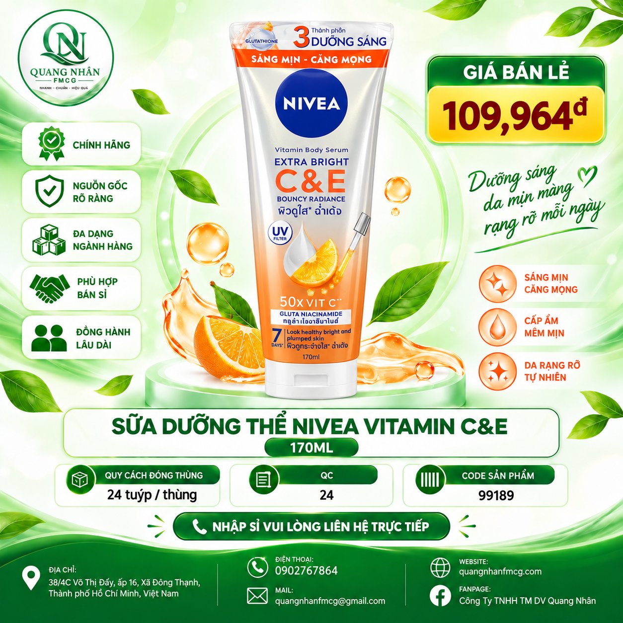 99189 SỮA DƯỠNG THỂ NIVEA VITAMIN C&E SÁNG MỊN DA SAU 7 NGÀY 170ML X 24 TUÝP ( CAM )