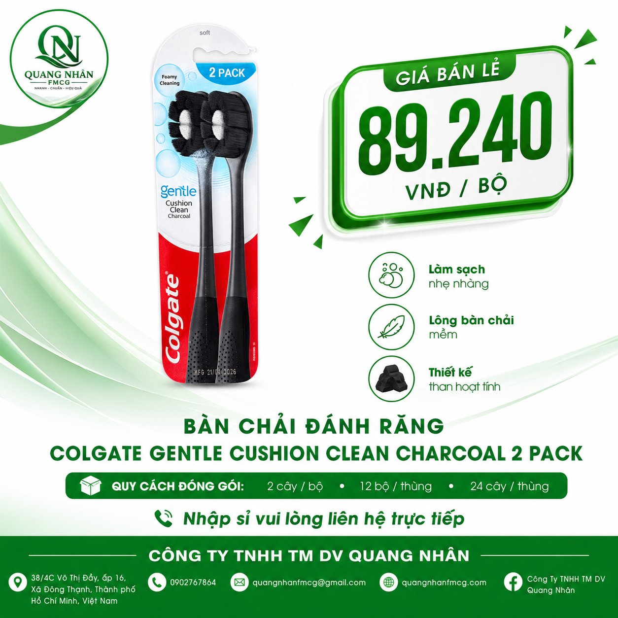 BÀN CHẢI ĐÁNH RĂNG COLGATE Cushion Clean Charcoal 12 BỘ X 2 CÂY