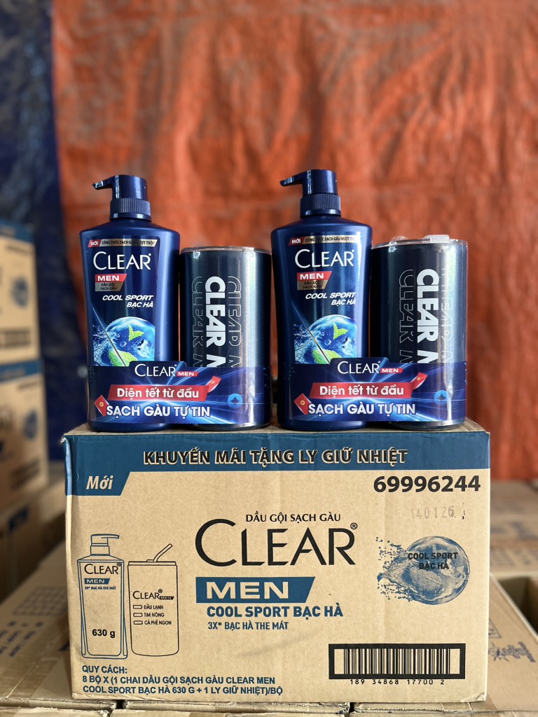 DẦU GỘI CLEAR MEN COOL SPORT MÁT LẠNH BẠC HÀ 630G Tặng Ly Giữ Nhiệt X 8 bộ