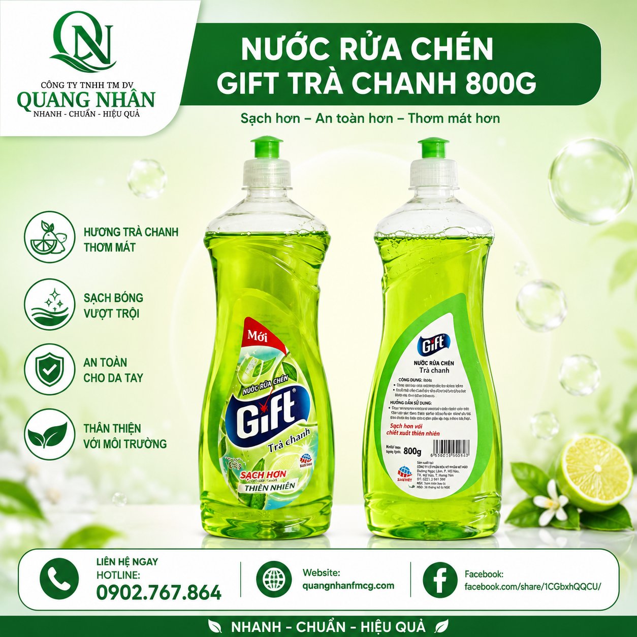 NƯỚC RỬA CHÉN GIFT TRÀ CHANH 800G X 12 CHAI