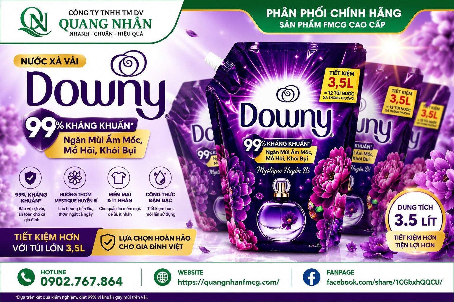 Nước xả vải Downy hương HUYỀN BÍ túi 3.5 lít x 4 Túi