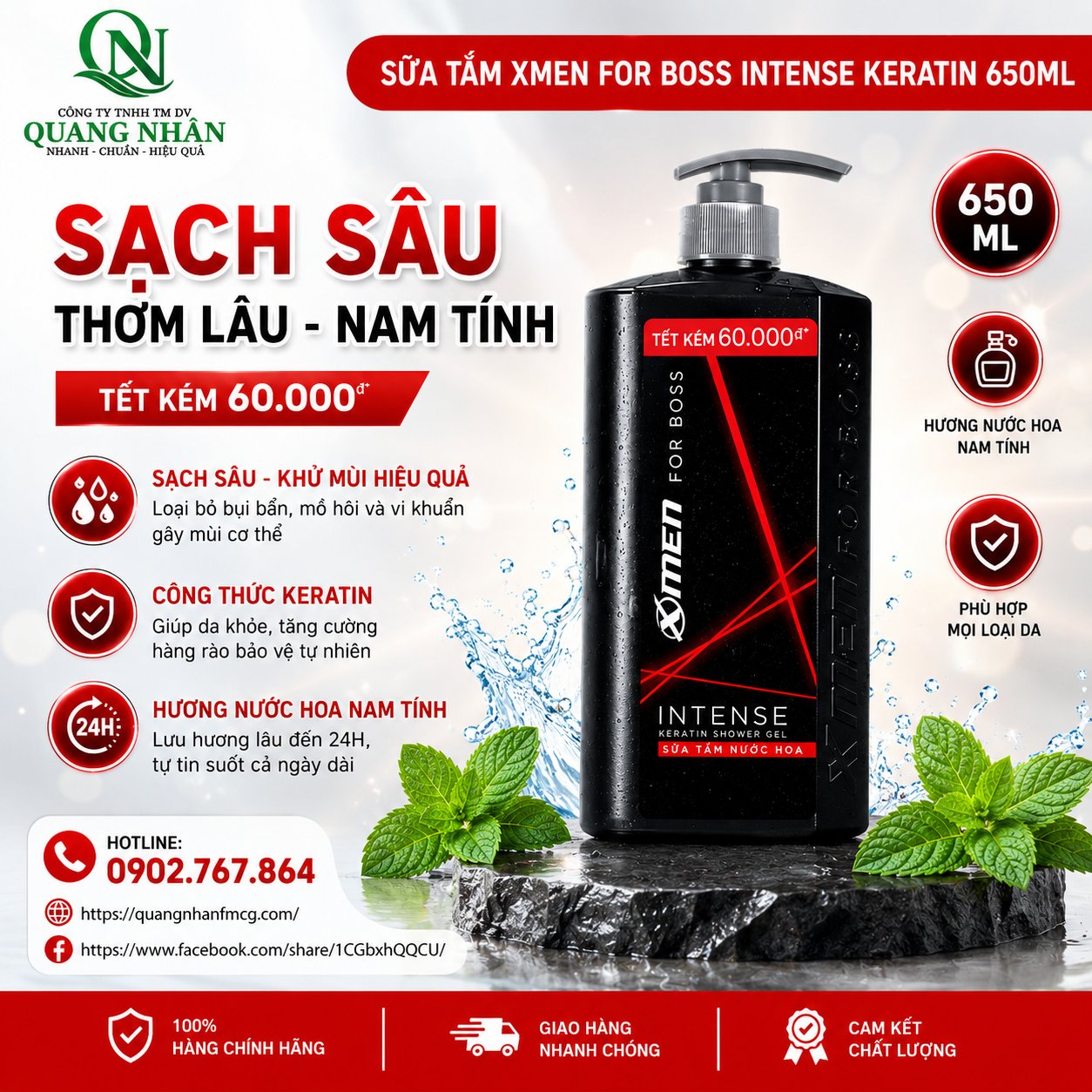DẦU GỘI NƯỚC HOA XMEN FOR BOSS INTENSE CHẮC KHỎE 650G x 12 CHAI