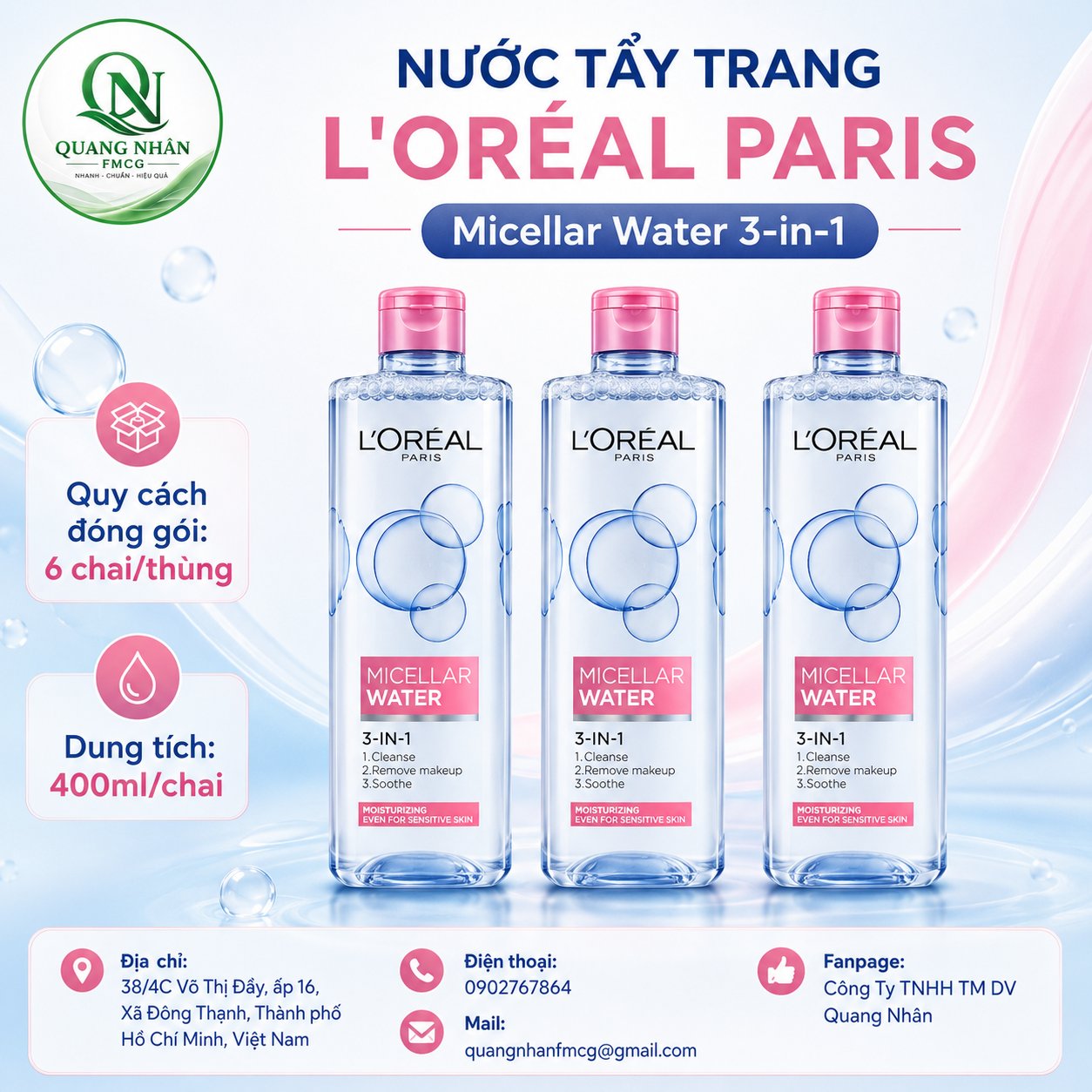 L'OREAL PARIS NƯỚC TẨY TRANG LÀM SẠCH - MỀM MỊN DA 400ML X 6 CHAI