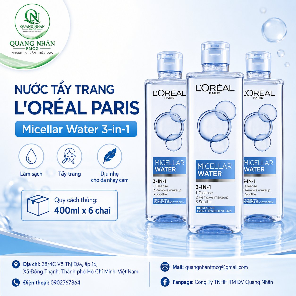 L'OREAL PARIS NƯỚC TẨY TRANG LÀM SẠCH - TƯƠI MÁT DA 400ML X 6 CHAI