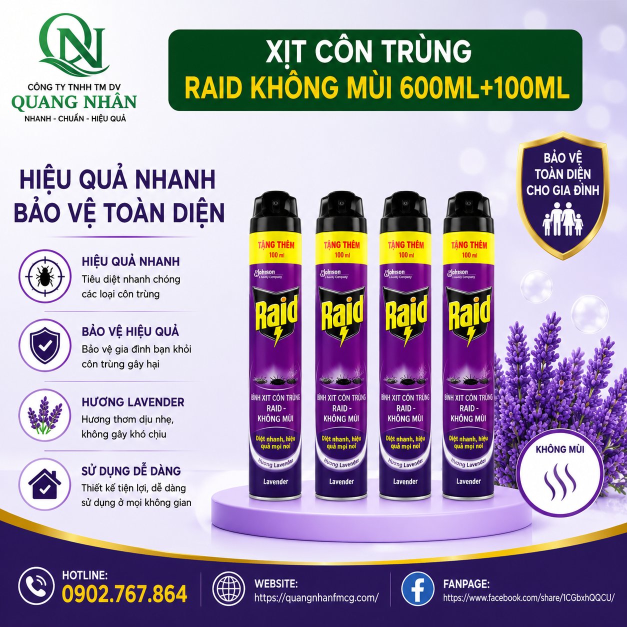 XỊT CÔN TRÙNG RAID LAVENDER 600ML+100ML X 12 CHAI
