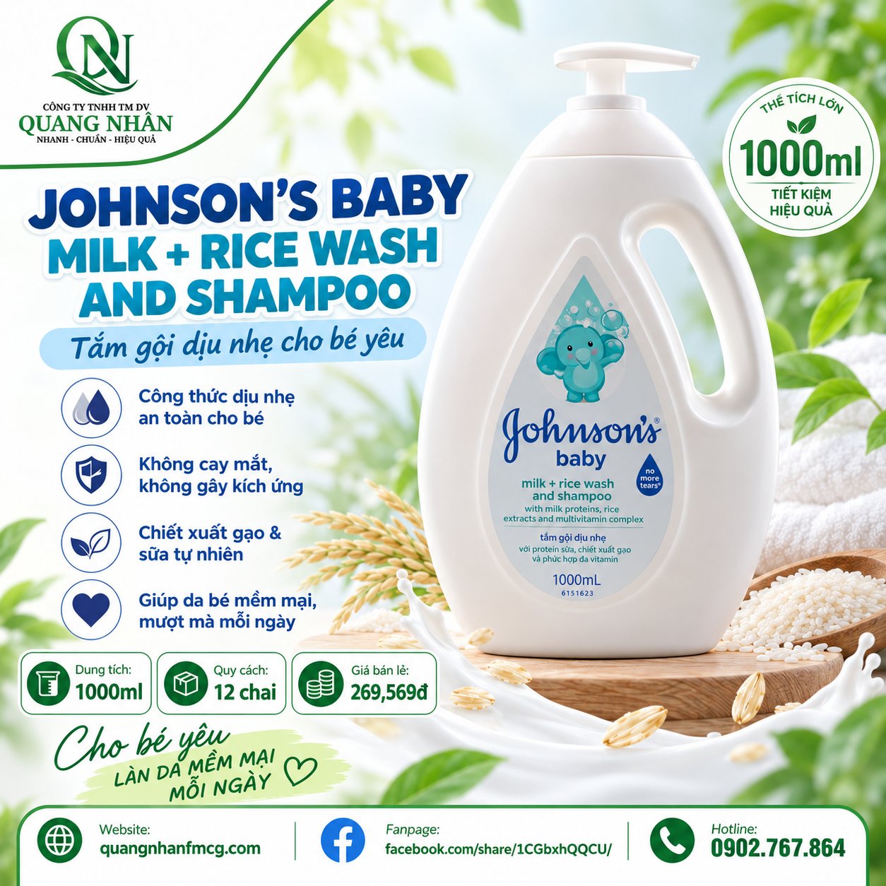 Sữa Tắm baby Johnson's sữa và gạo 1000ML x 10 chai