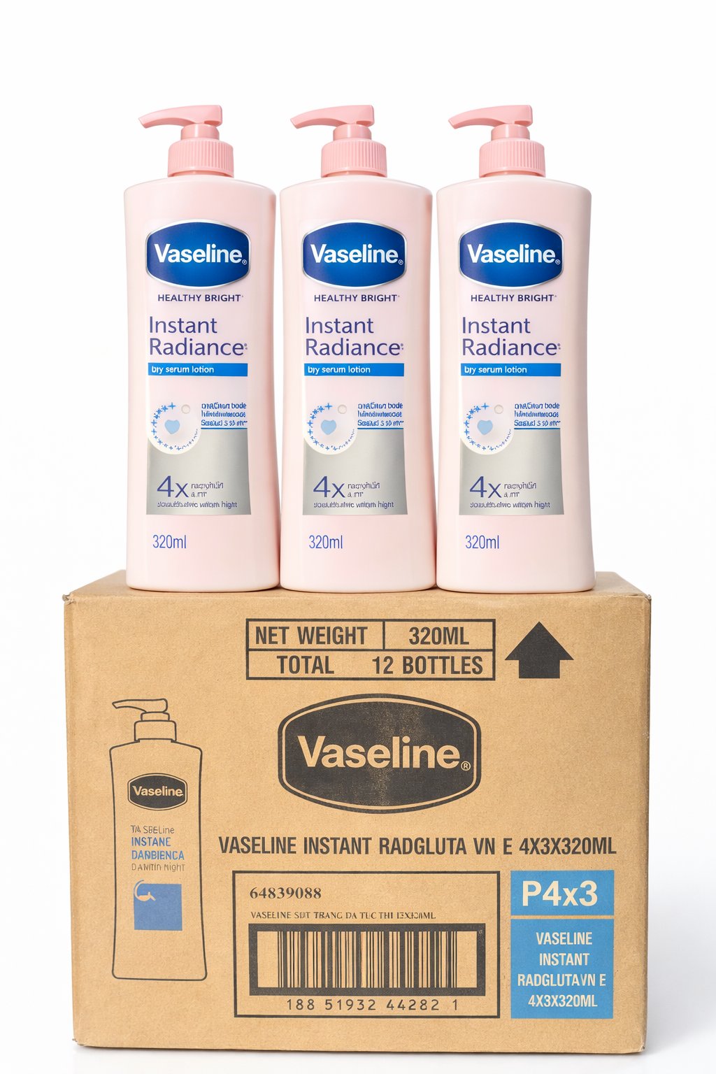 SỮA DƯỠNG THỂ VASELINE INSTAN RADIANCE SÁNG DA TỨC THÌ 4X 320ML X 12 CHAI