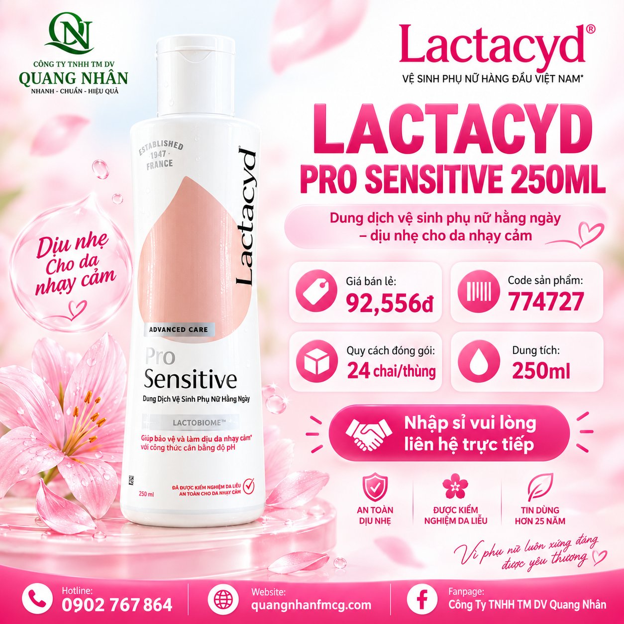LACTACYD FEMININE WASH 250ML PRO SENSITIVE VN X 24 chai ( HỒNG )