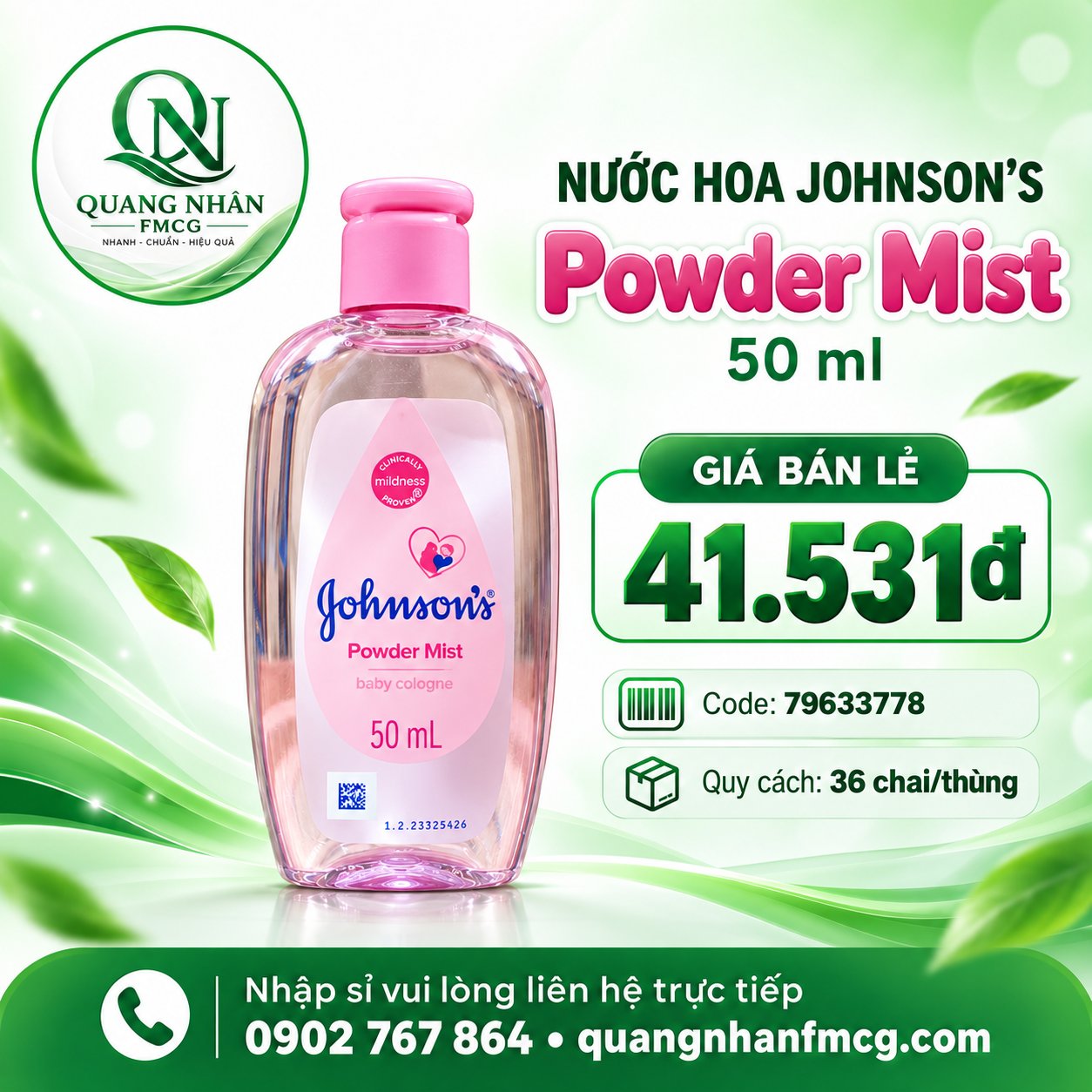Nước hoa johnson baby 50ml màu hồng x 36 chai/Thùng