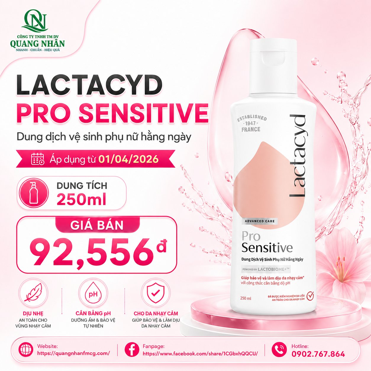 LACTACYD FEMININE WASH 250ML PRO SENSITIVE VN X 24 chai ( HỒNG )