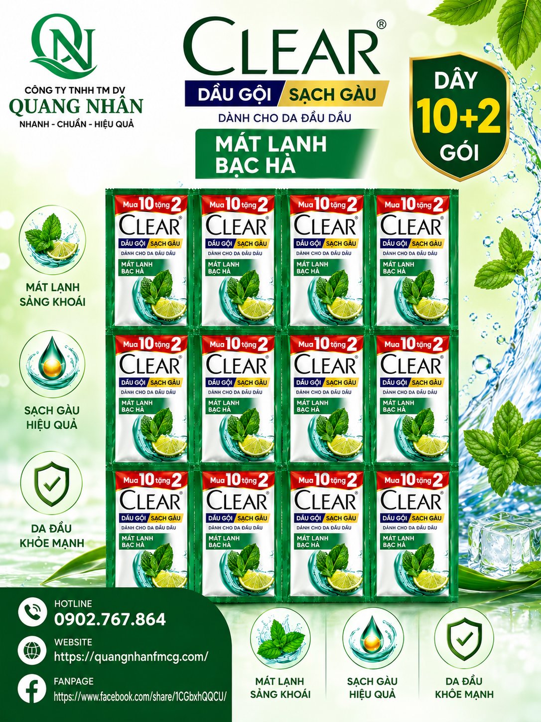 DẦU GỘI CLEAR MÁT LẠNH BẠC HÀ X 6G X 10+2 X 84 DÂY