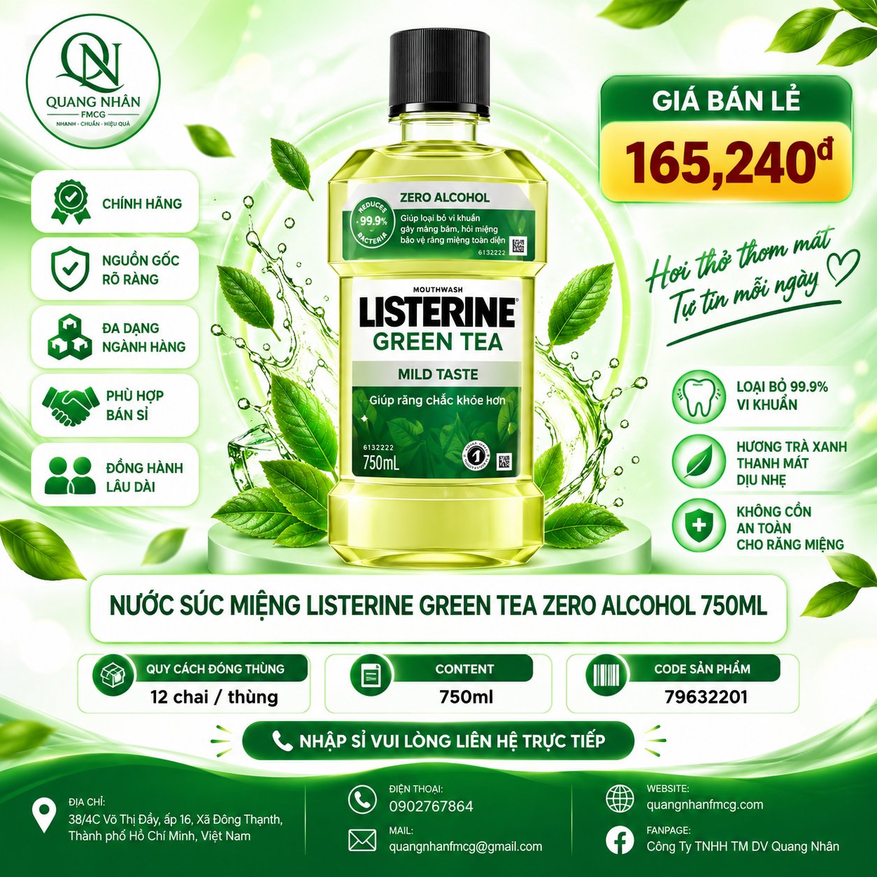 Nước Súc Miệng LISTERINE GREEN TEA CHO RĂNG CHẮC KHỎE HƠN 750ml x 12 chai