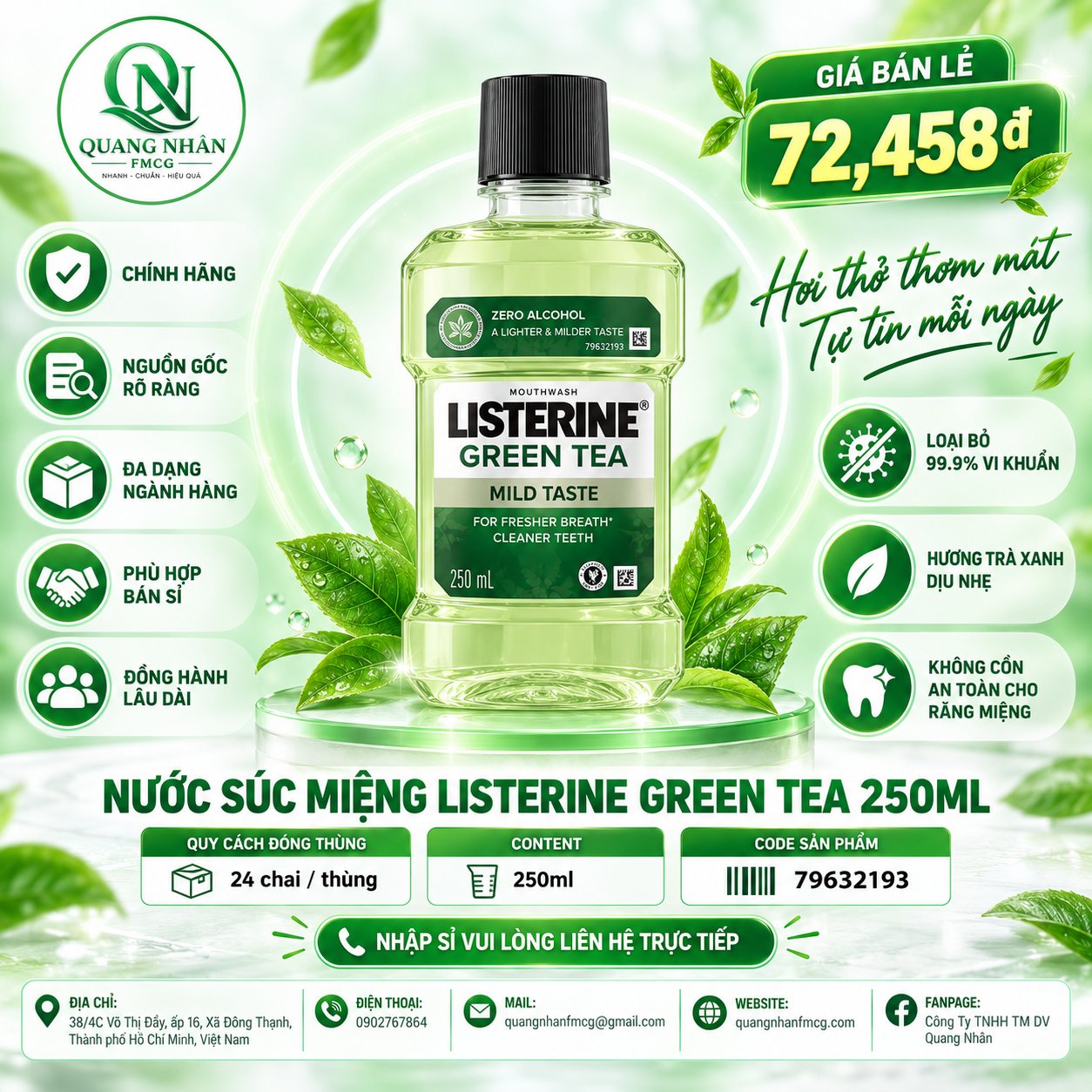 Nước Súc Miệng LISTERINE Trà Xanh 250ml x 24 Chai