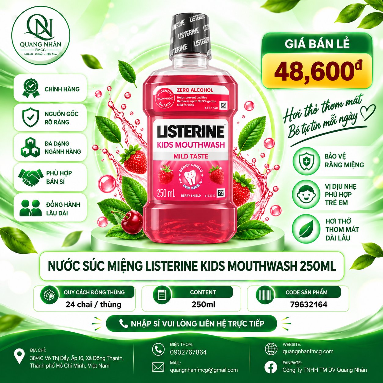 Nước Súc Miệng Listerine Kids Mouthwash with berry shield 250ml x 24 Chai