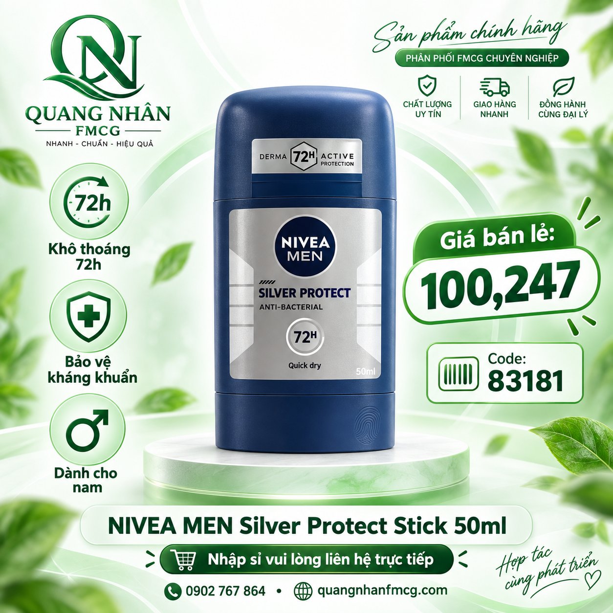 83181- Sáp Ngăn Mùi NIVEA MEN Phân Tử Bạc (50 ml) x 15 chai