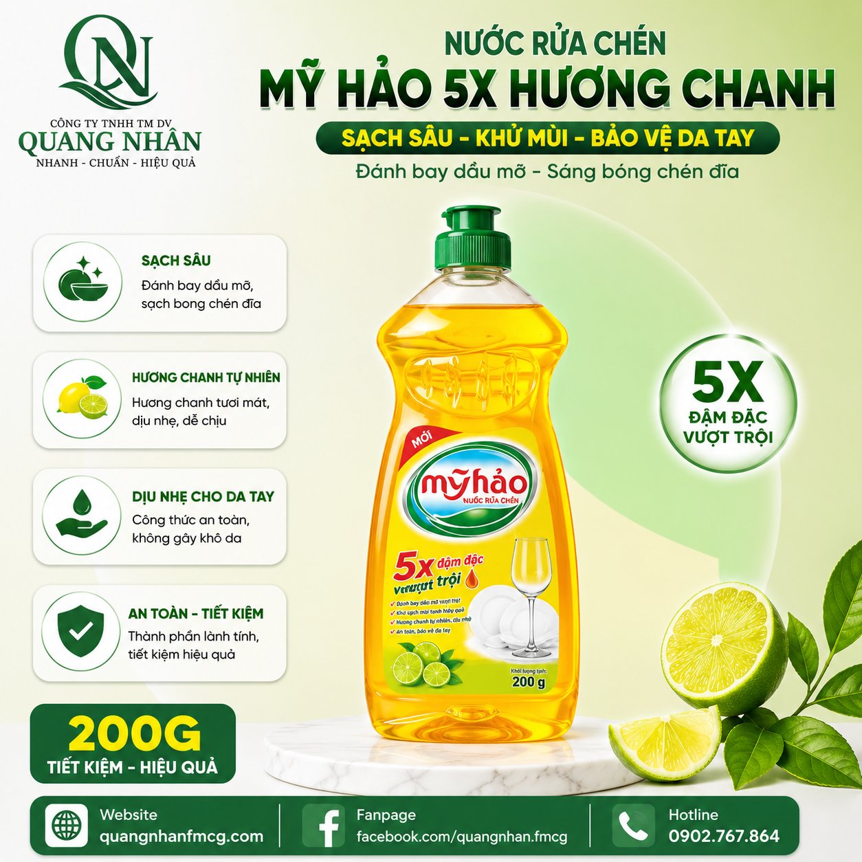 NƯỚC RỬA CHÉN MỸ HẢO 5X HƯƠNG CHANH 200g x 40 CHAI