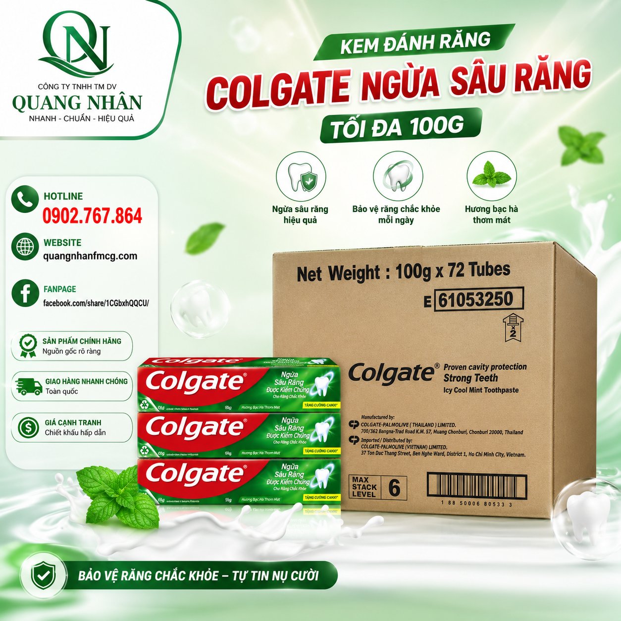 KEM ĐÁNH RĂNG COLGATE NGỪA SÂU RĂNG CHẮC KHỎE HƯƠNG BẠC HÀ 100G x 72 ỐNG