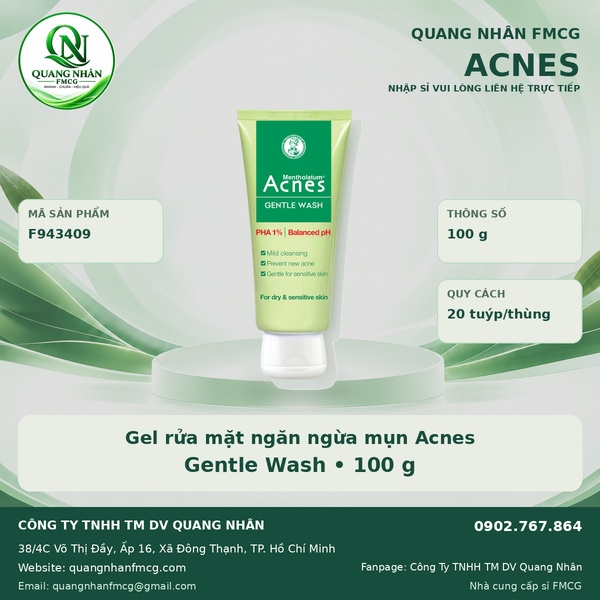 Gel Rửa Mặt Acnes Gentle Wash Ngăn Ngừa Mụn 100g X 20 TUÝP ( xanh lá non )
