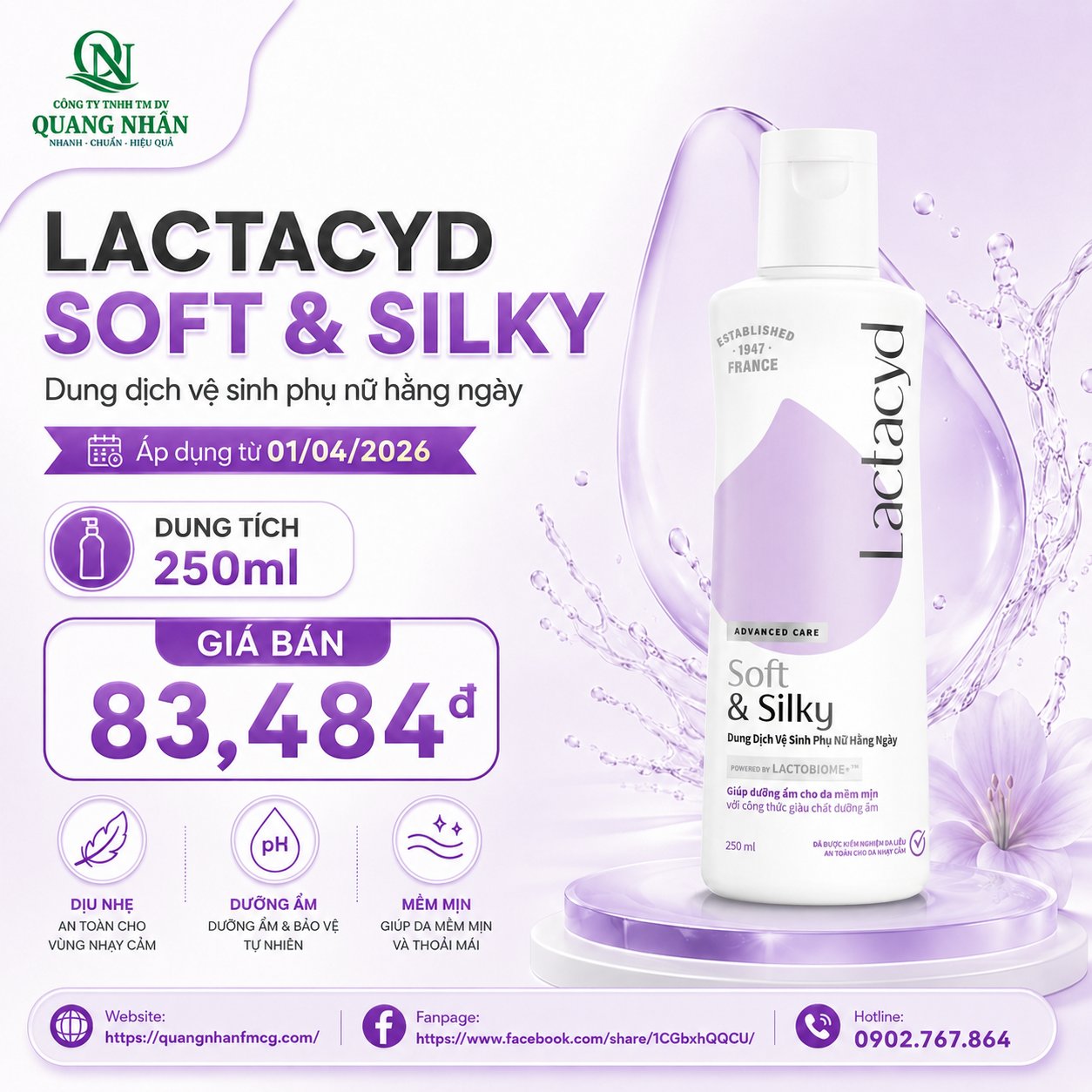 LACTACYD FEMININE WASH 250ML SOFT & SILKY VN X 24 chai ( TÍM )