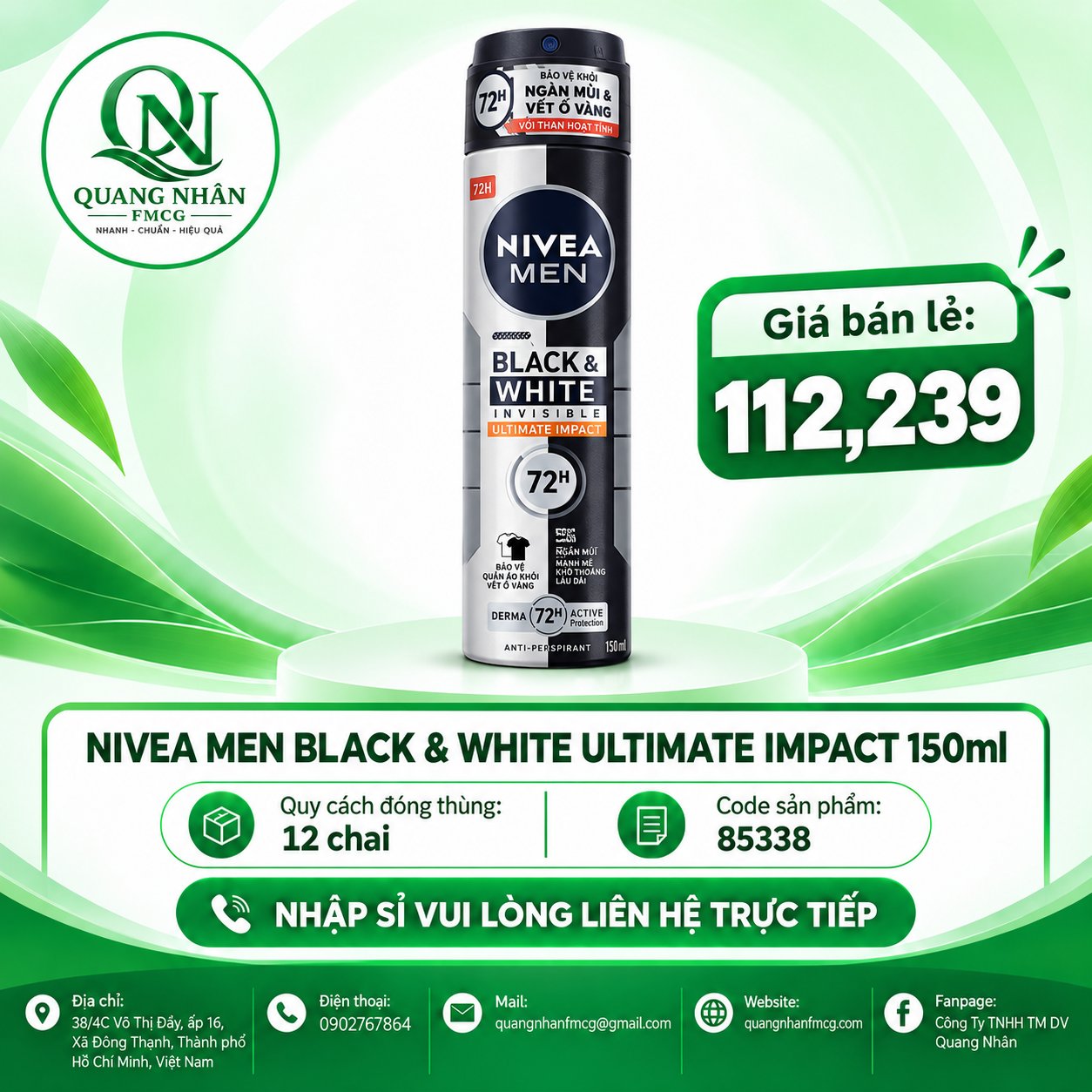 85388 Xịt ngăn mùi NIVEA nam ngăn ố vàng vượt trội 150ml x 12 chai