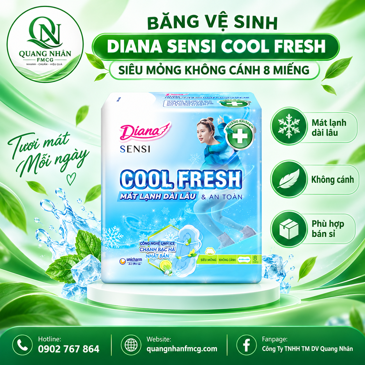 BĂNG VỆ SINH DIANA SENSEI COOL FRESH SIÊU MỎNG KHÔNG CÁNH 8 MIẾNG x 48 gói