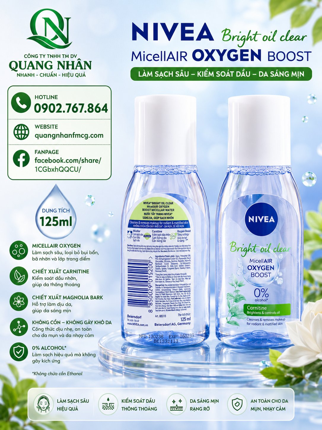 86610 NƯỚC TẨY TRANG NIVEA KIỂM SOÁT NHỜN 125ML  x 30 CHAI ( xanh lá )