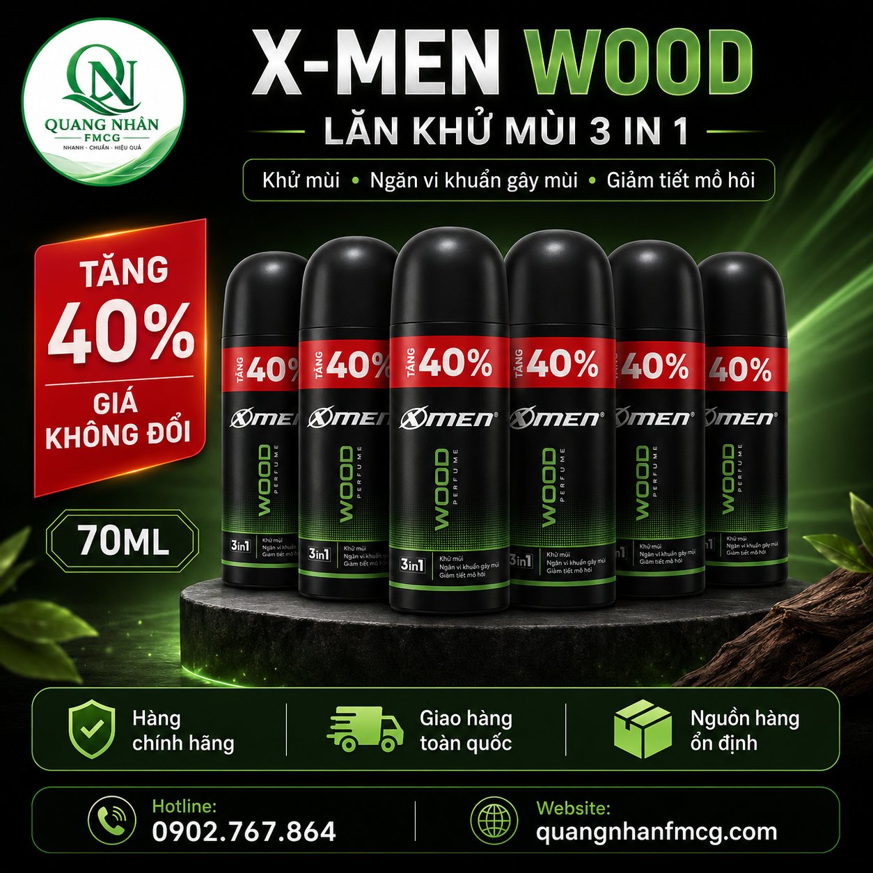 LĂN KHỬ MÙI XMEN WOOD 50ML + 40% ( 70ML ) X 24 CHAI