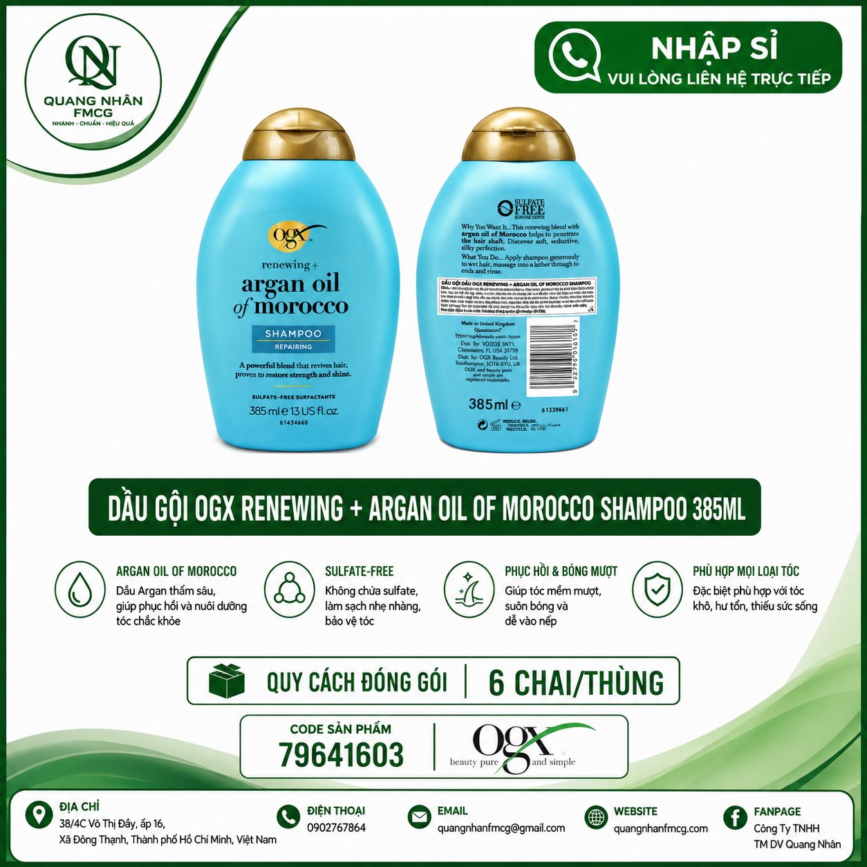 Dầu gội phục hồi OGX Argan Oil 385ml X 6 CHAI