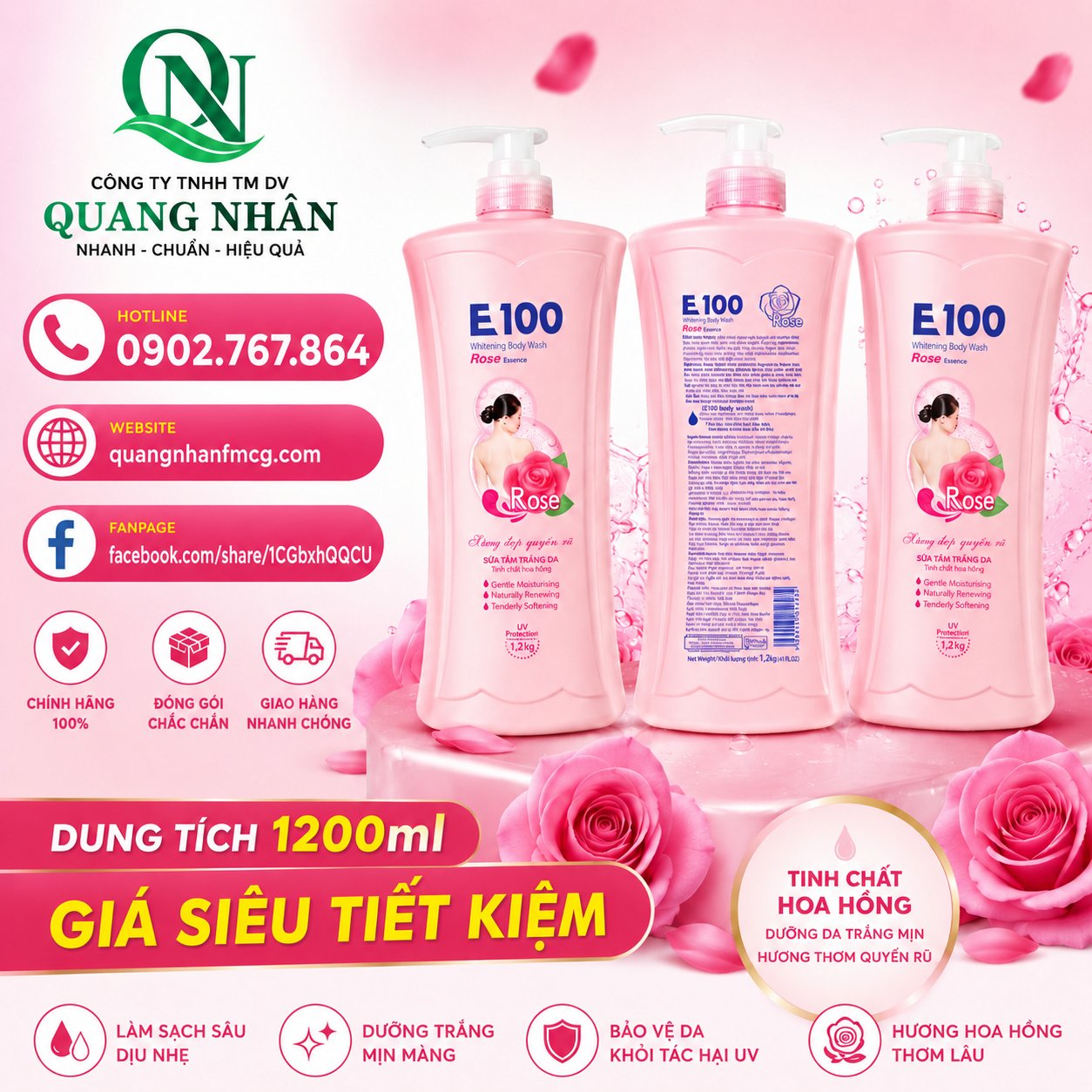 SỮA TẮM E100 HOA HỒNG 1200ML x 8 chai