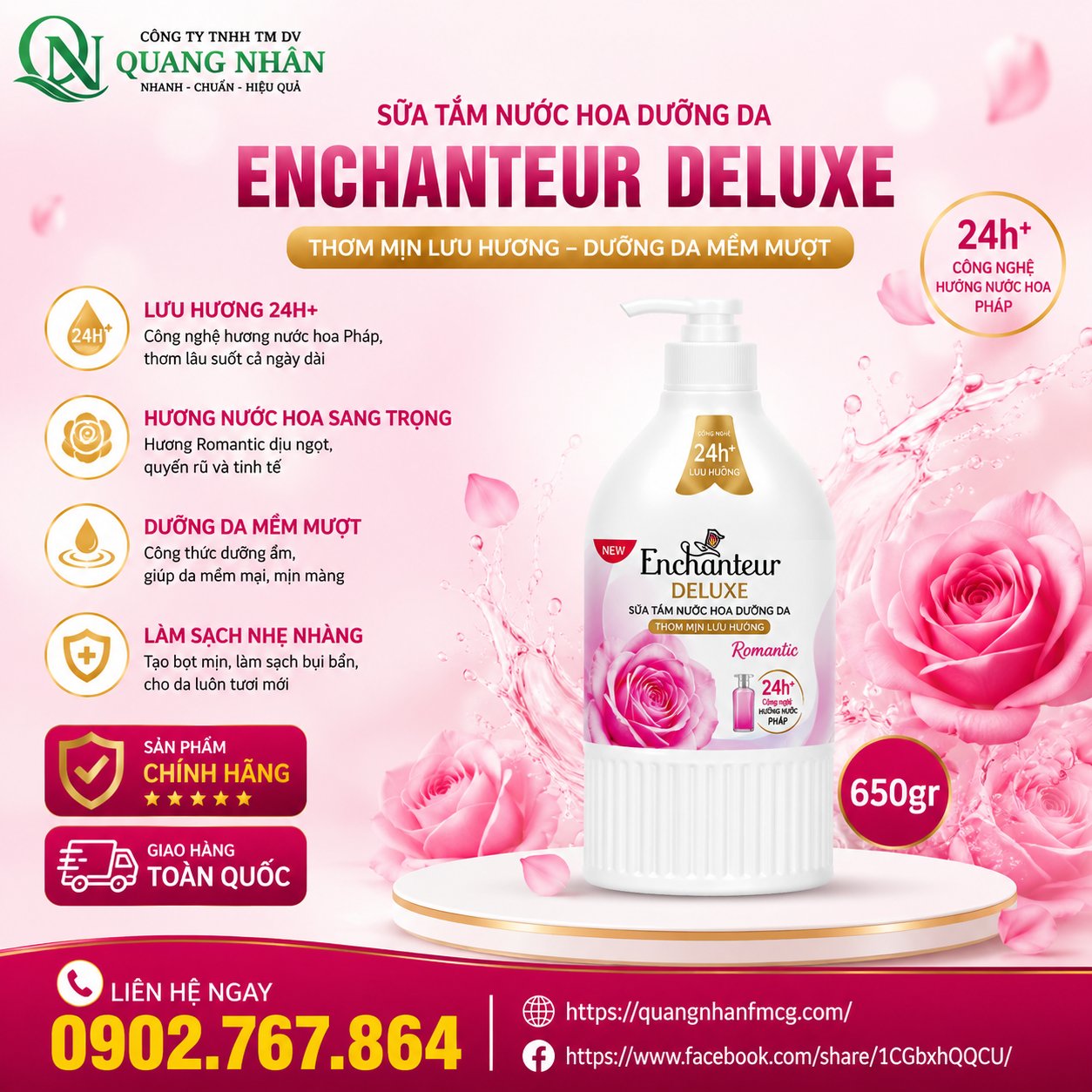 SỮA TẮM ENCHANTEUR NƯỚC HOA DƯỠNG DA THƠM MỊN LƯU HƯƠNG (HỒNG) 650G X 12 CHAI