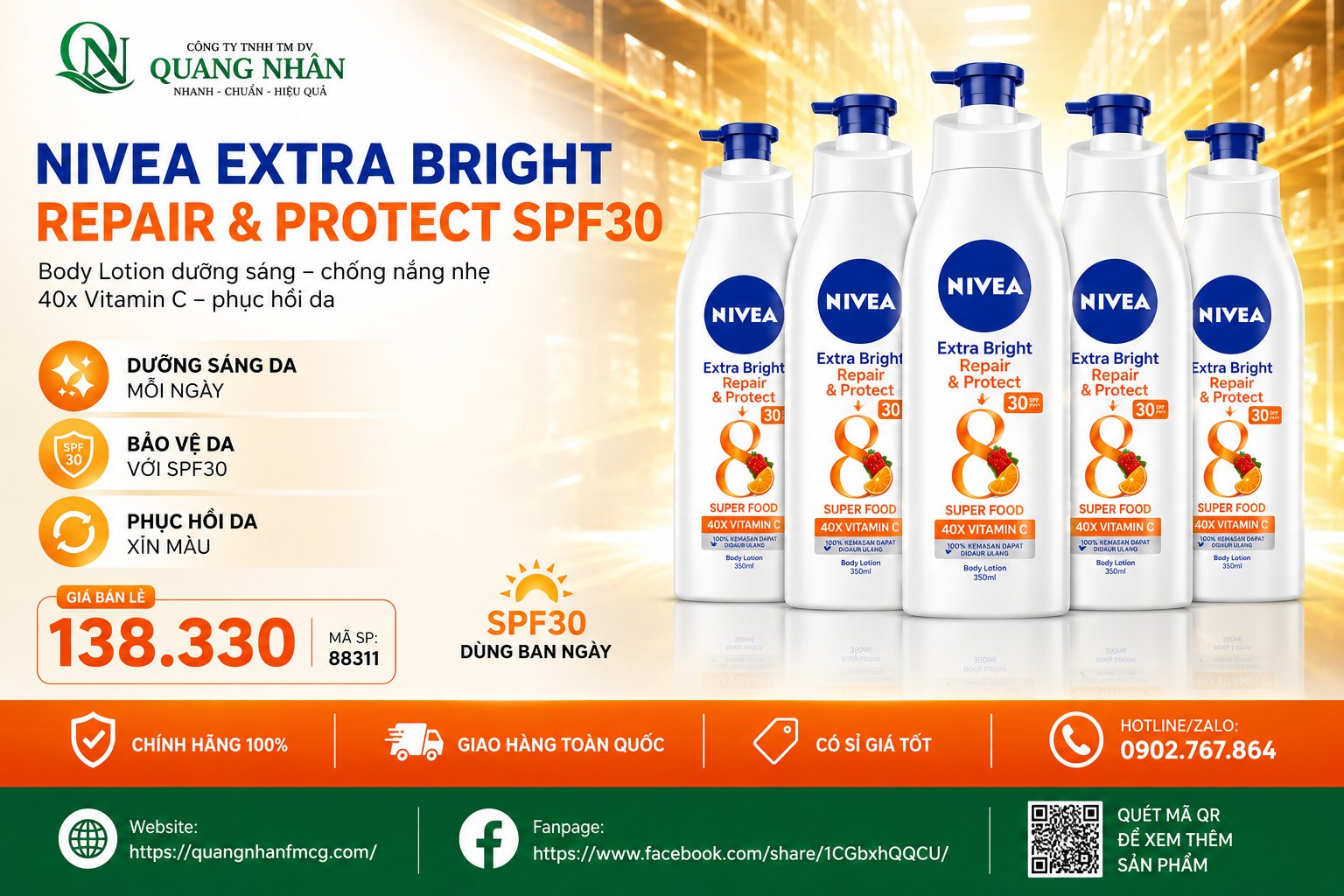 88311 SỮA DƯỠNG THỂ DƯỠNG TRẮNG DA BAN NGÀY PHỤC HỒI CHỐNG NẮNG 350ML ( CAM ) x 12 CHAI