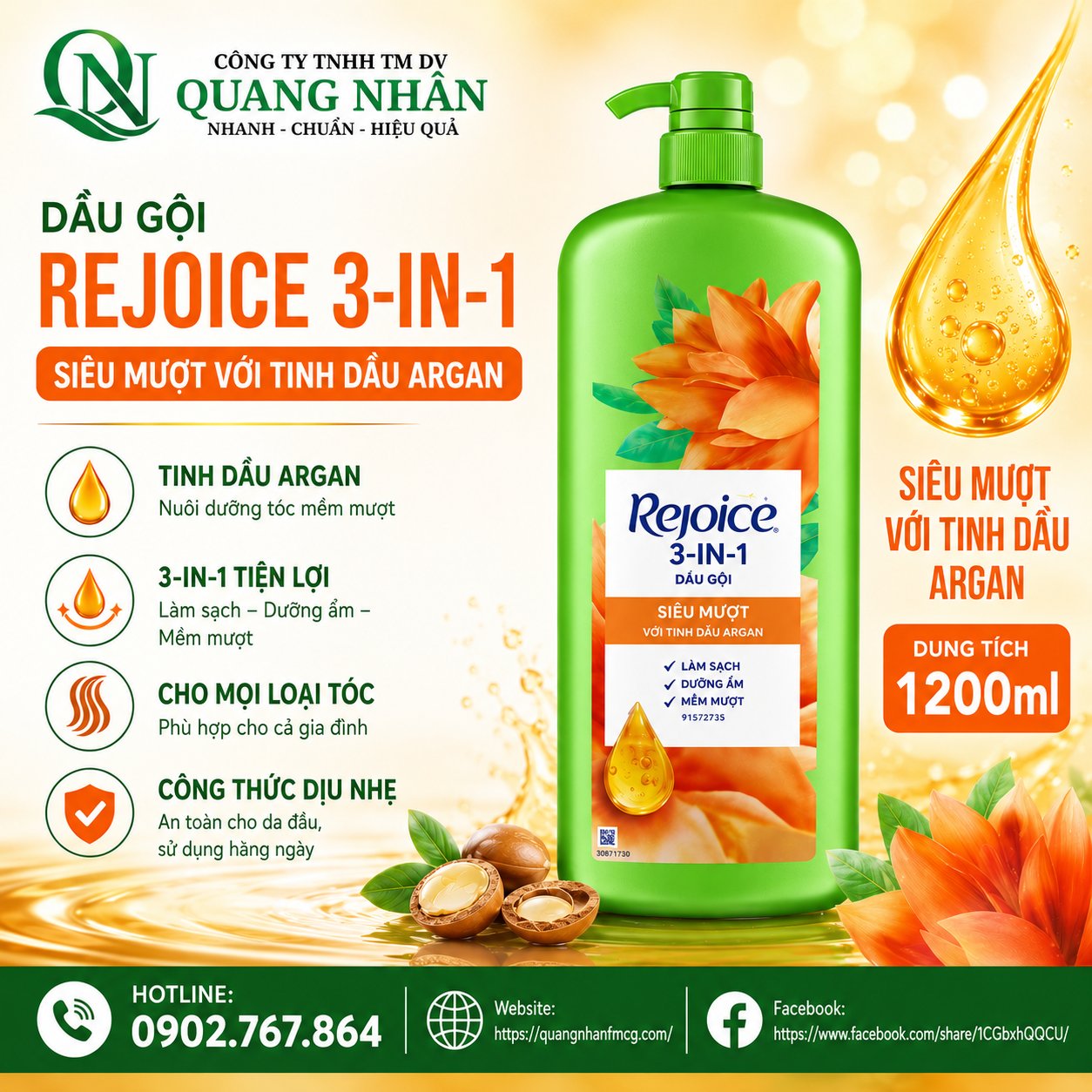 DẦU GỘI REJOICE SIÊU MƯỢT 1200 ML x 6 Chai