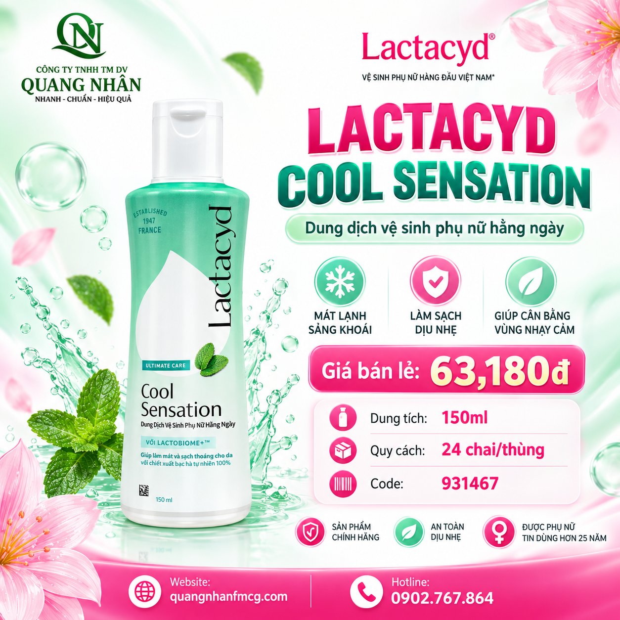 LACTACYD FEMININE WASH 150ML COOL SENSATION VN X 24 chai