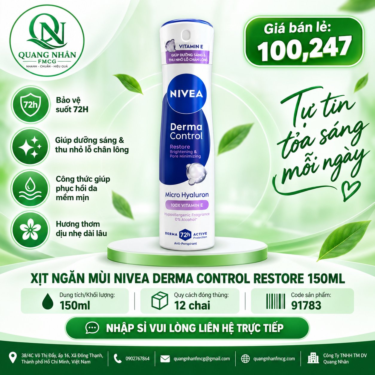 91783 - XỊT NGĂN MÙI NIVEA DƯỠNG SÁNG MỀM MỊN 150ML X 12 CHAI