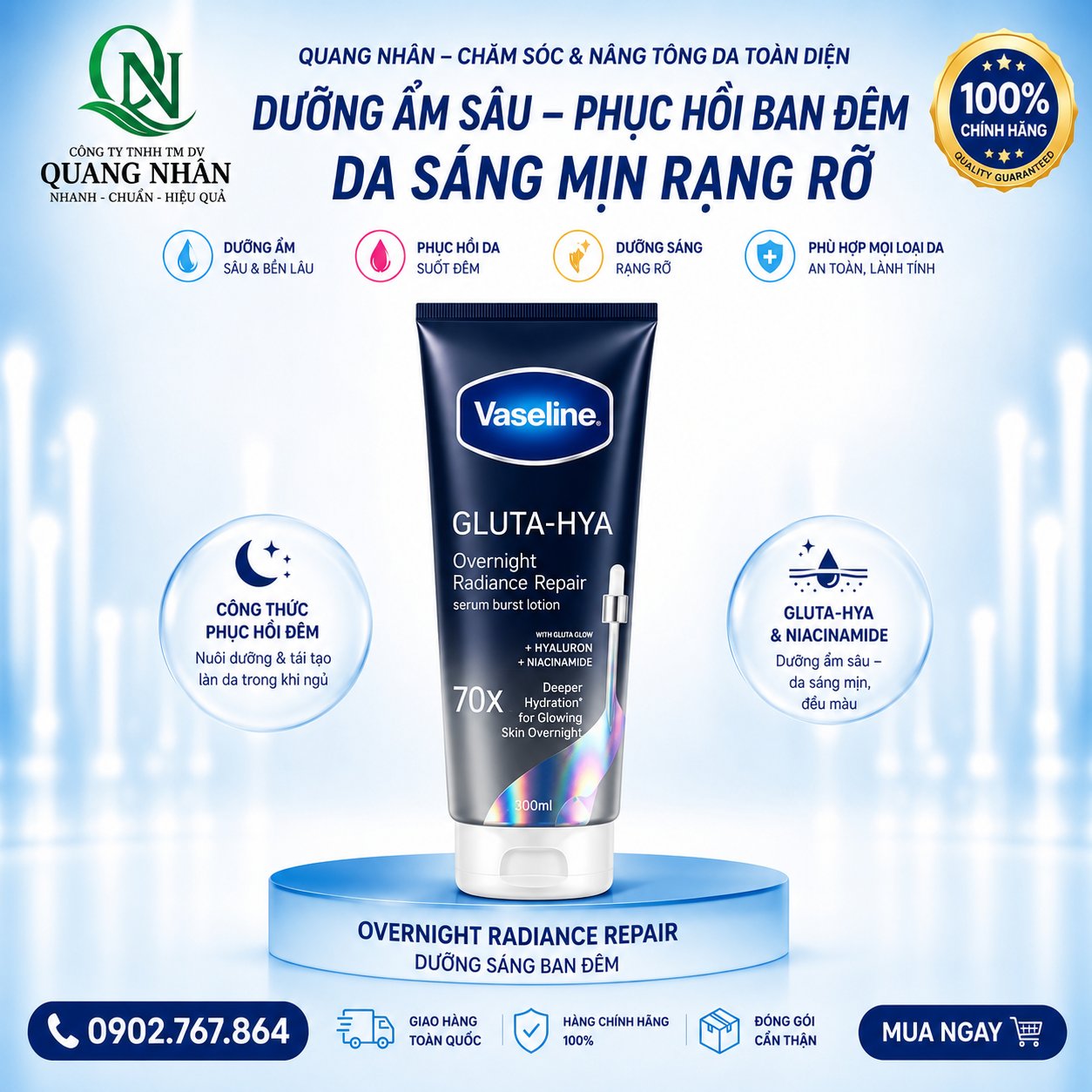 SỮA DƯỠNG THỂ VASELINE OVERNIGHT BAN ĐÊM XANH 70X 300ML x 12 CHAI