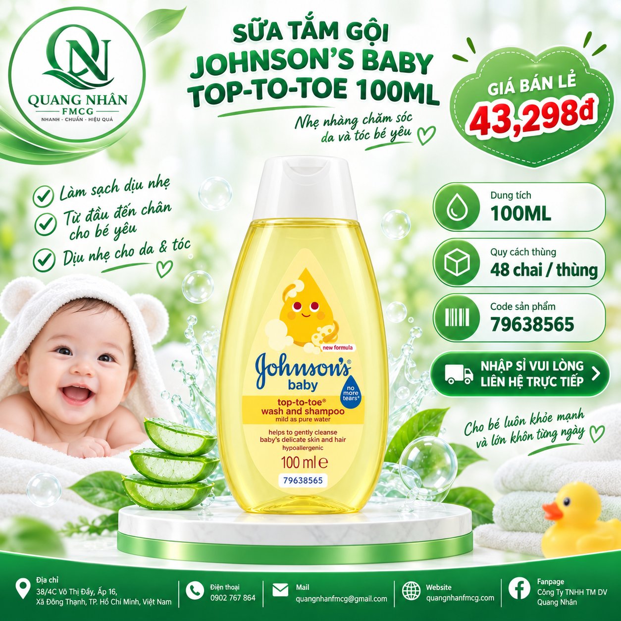 Tắm gội toàn thân Johnson's Baby top to toe dịu nhẹ cho bé chai 100ml * 48chai/ Thùng