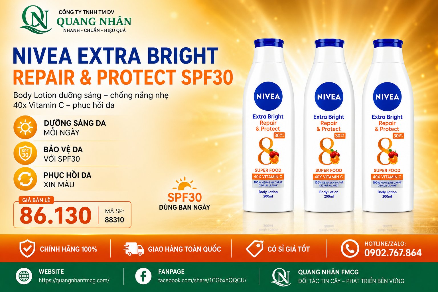88310 SỮA DƯỠNG THỂ DƯỠNG TRẮNG DA BAN NGÀY PHỤC HỒI CHỐNG NẮNG 200ML ( CAM ) x 24 CHAI