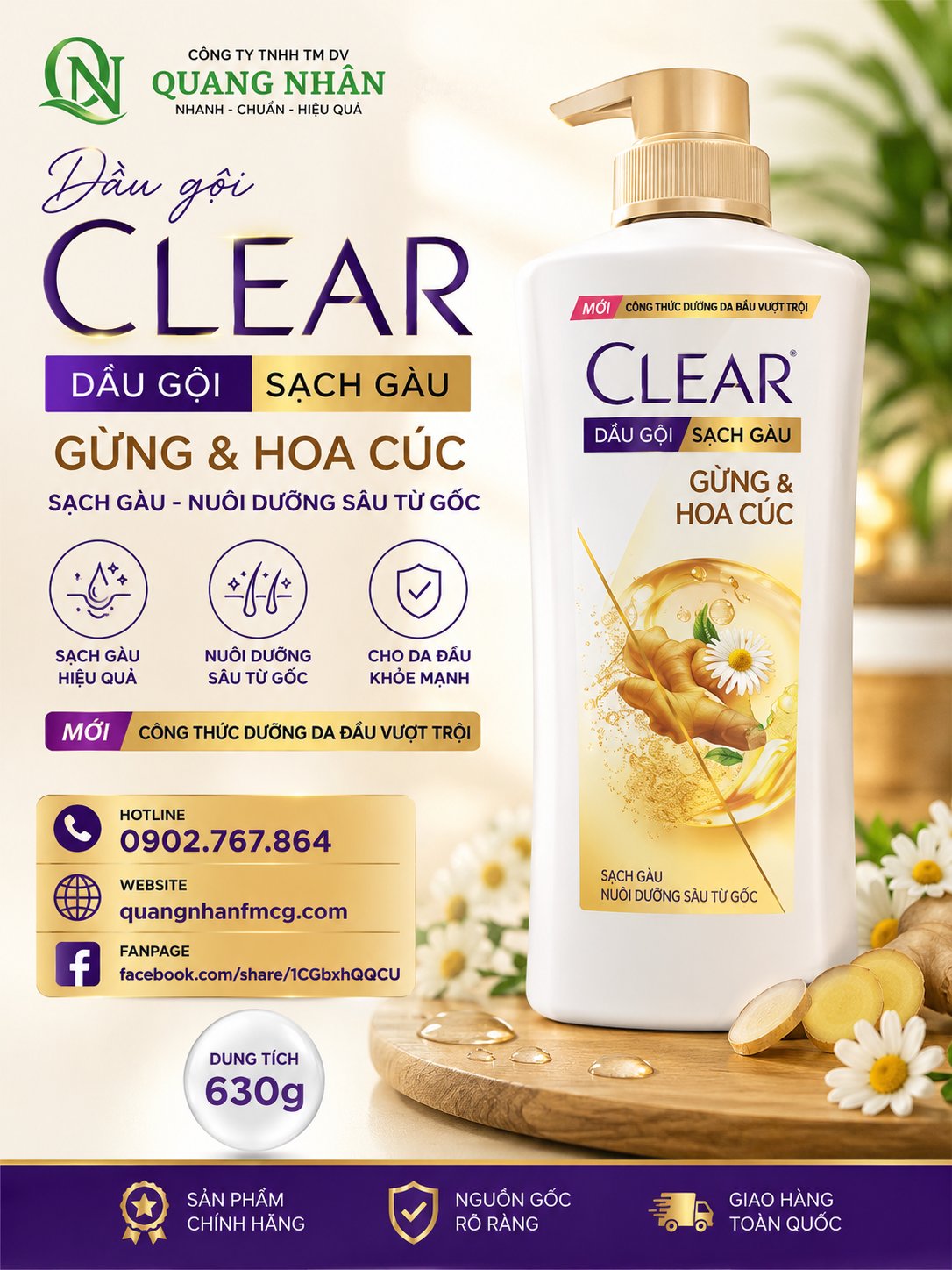 DẦU GỘI CLEAR GỪNG & HOA CÚC 630g x 8 CHAI