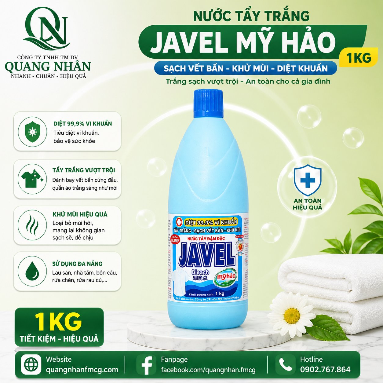 Nước tẩy trắng Javel Mỹ Hảo 1kg x 12 chai