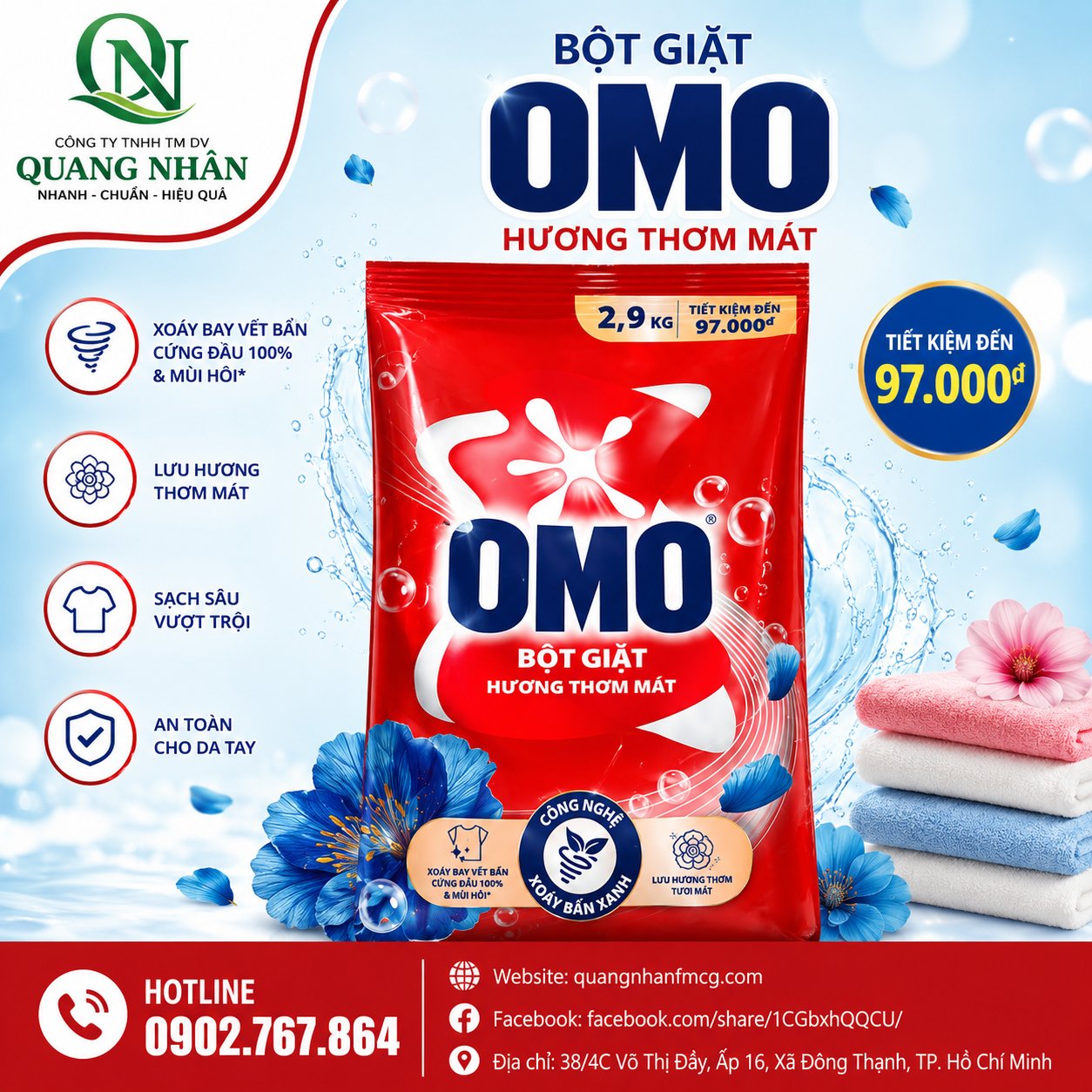 BỘT GIẶT OMO CÔNG NGHỆ XANH 2.9KG x 4 túi