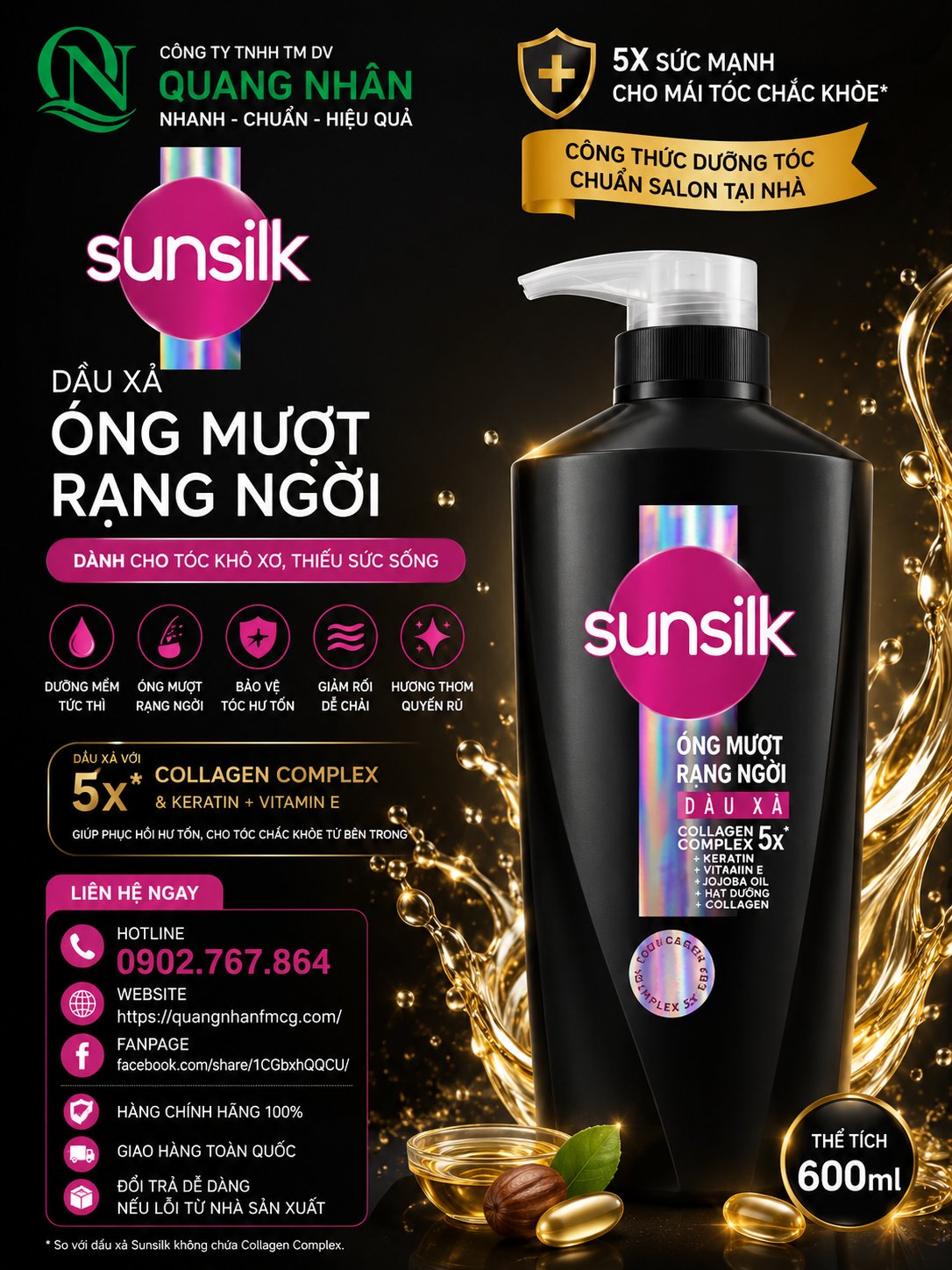 DẦU XẢ SUNSILK ÓNG MƯỢT RẠNG NGỜI 600g/8 Chai